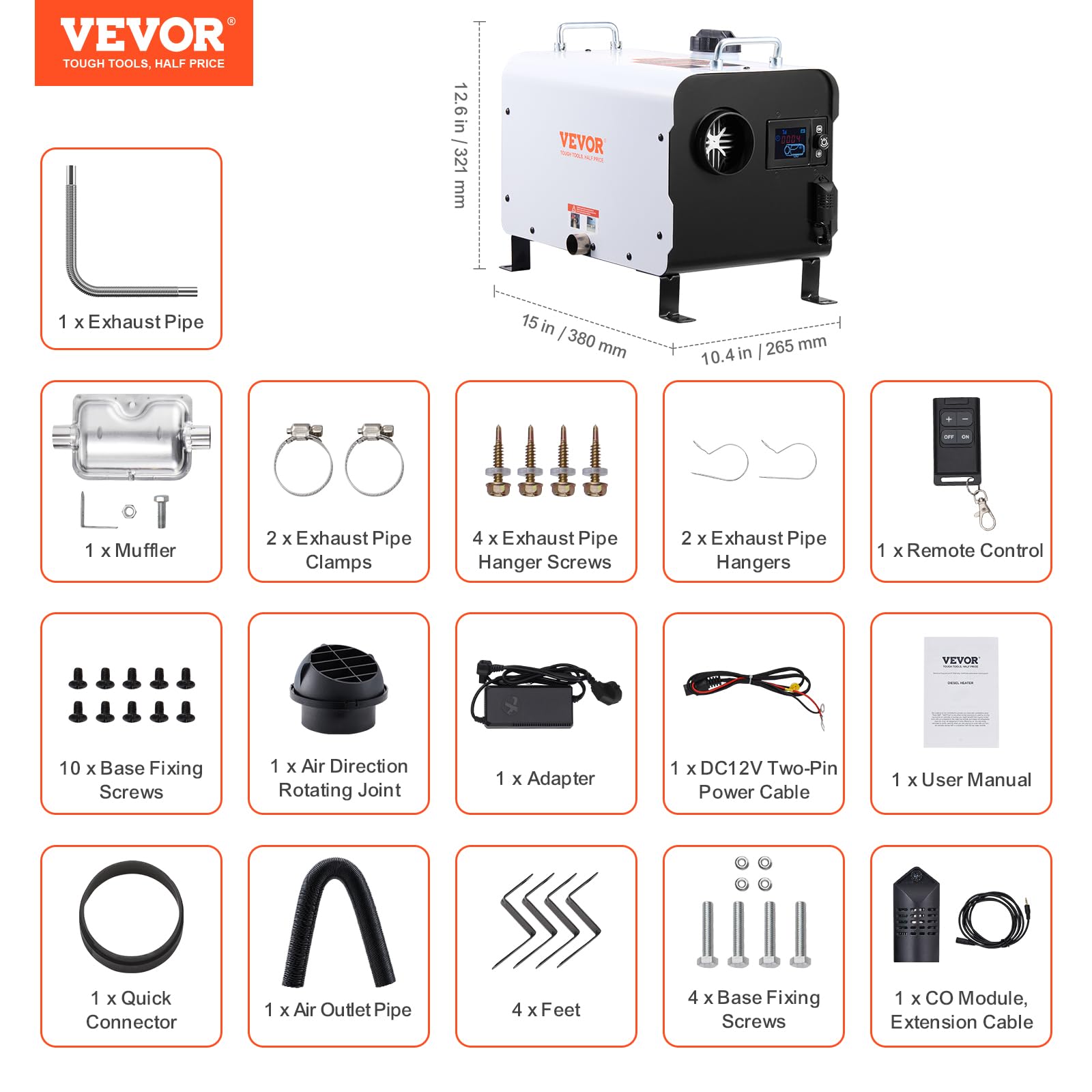 VEVOR Chauffage Diesel 8 kW, Réchauffeur d'Air Tout-en-Un 12/24/220 V, Contrôle par App Bluetooth, Télécommande et Écran d'Affichage, Alarme CO, Portable, Chauffage Rapide, pour Voiture Camping-car