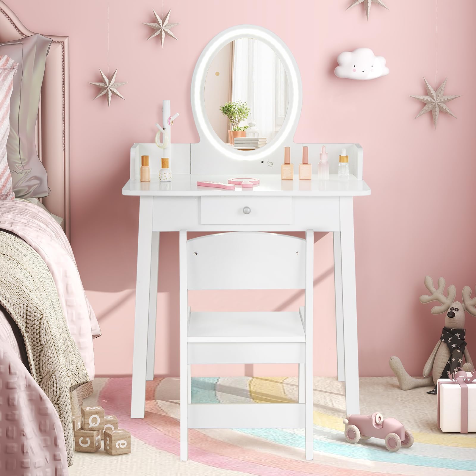 COSTWAY 2 en 1 Coiffeuse Enfants avec Miroir LED & Tabouret, Table de Maquillage avec Tiroir & Organisateur en Forme Arbre, Dispositif Anti-basculement, Charge 50kg pour Enfants de 3-8 Ans