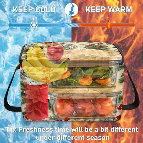 Miniatura 6 de Bolsa de almuerzo aislada con diseño de flor de pascuas artísticas navideñas, bolsa de almuerzo cuadrada para adultos y hombres, lonchera térmica