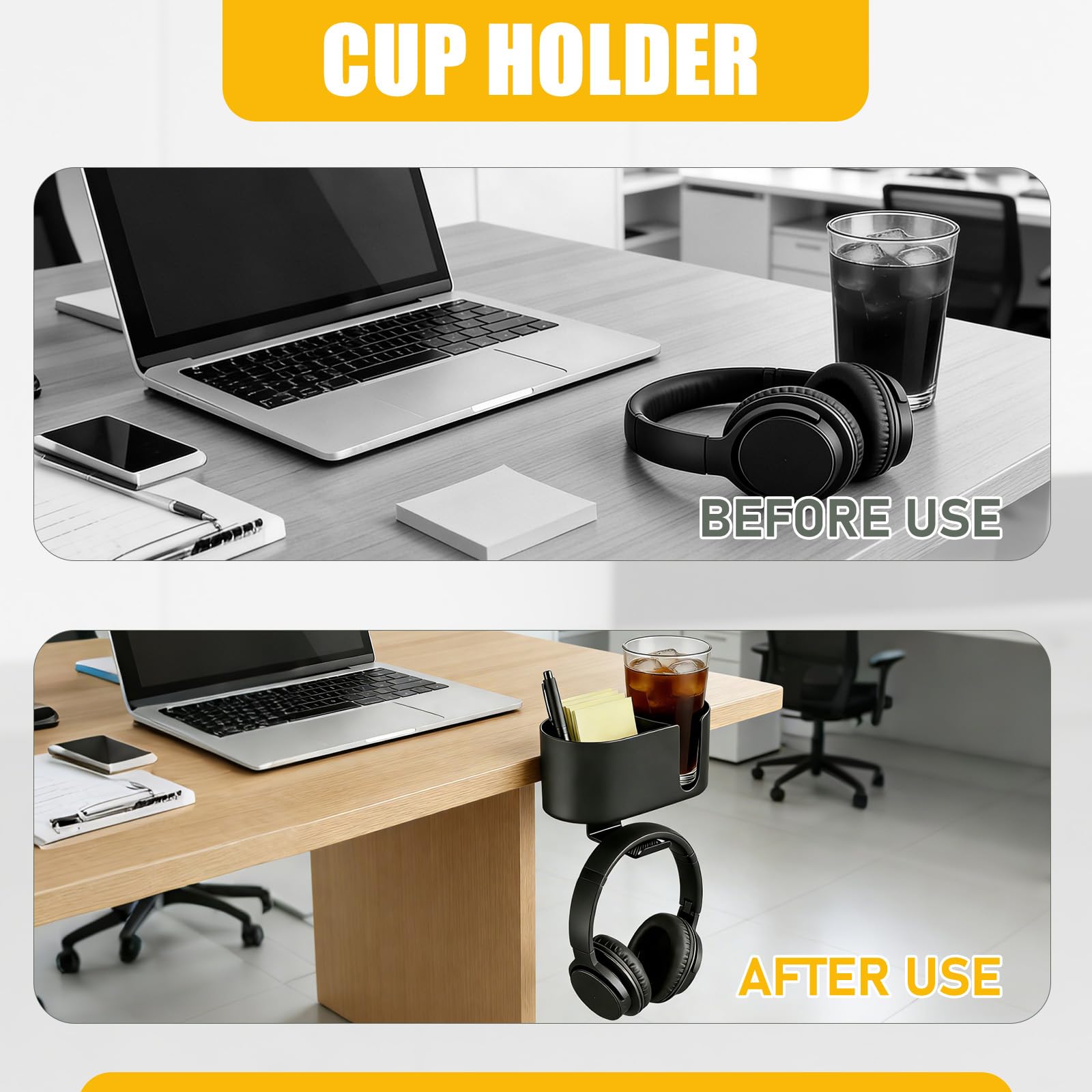 Porta Tazza da Scrivania con Gancio Cuffie, Tavolo Supporto di Tazza di Caffè, 4 en 1 Supporto per Tazza da Scrivania Clip, Universali, Adatto per Tazze da Caffè, Mug, Cuffie, Cellulari, Penne