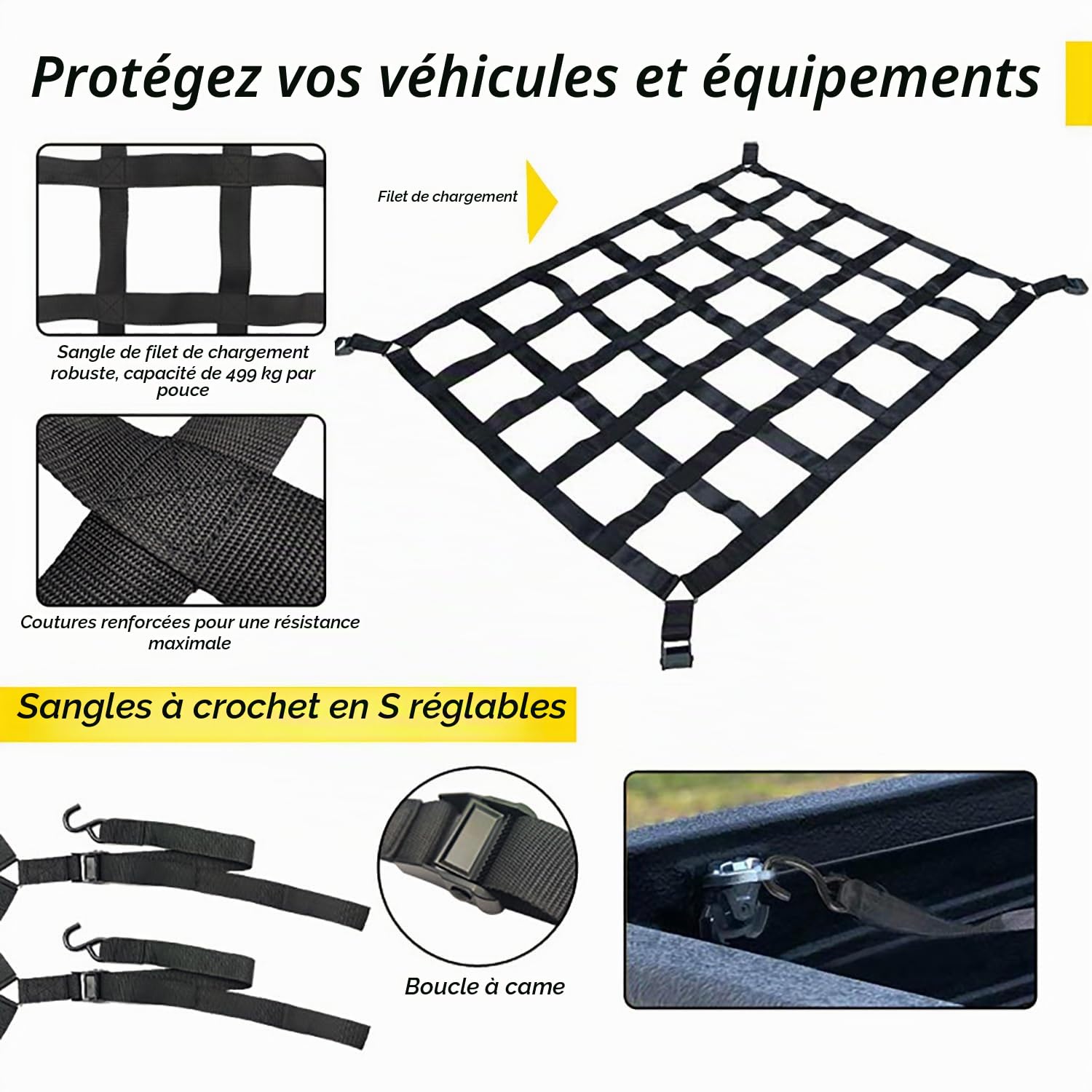 Filet à Bagages pour Pick-Up, Filet Remorque, Filet de Fret Réglable Filet de Chargement Organisateur pour Hayon, Camion, Remorque, avec 4 Sangles Fixes, 167 Cm x 127 Cm