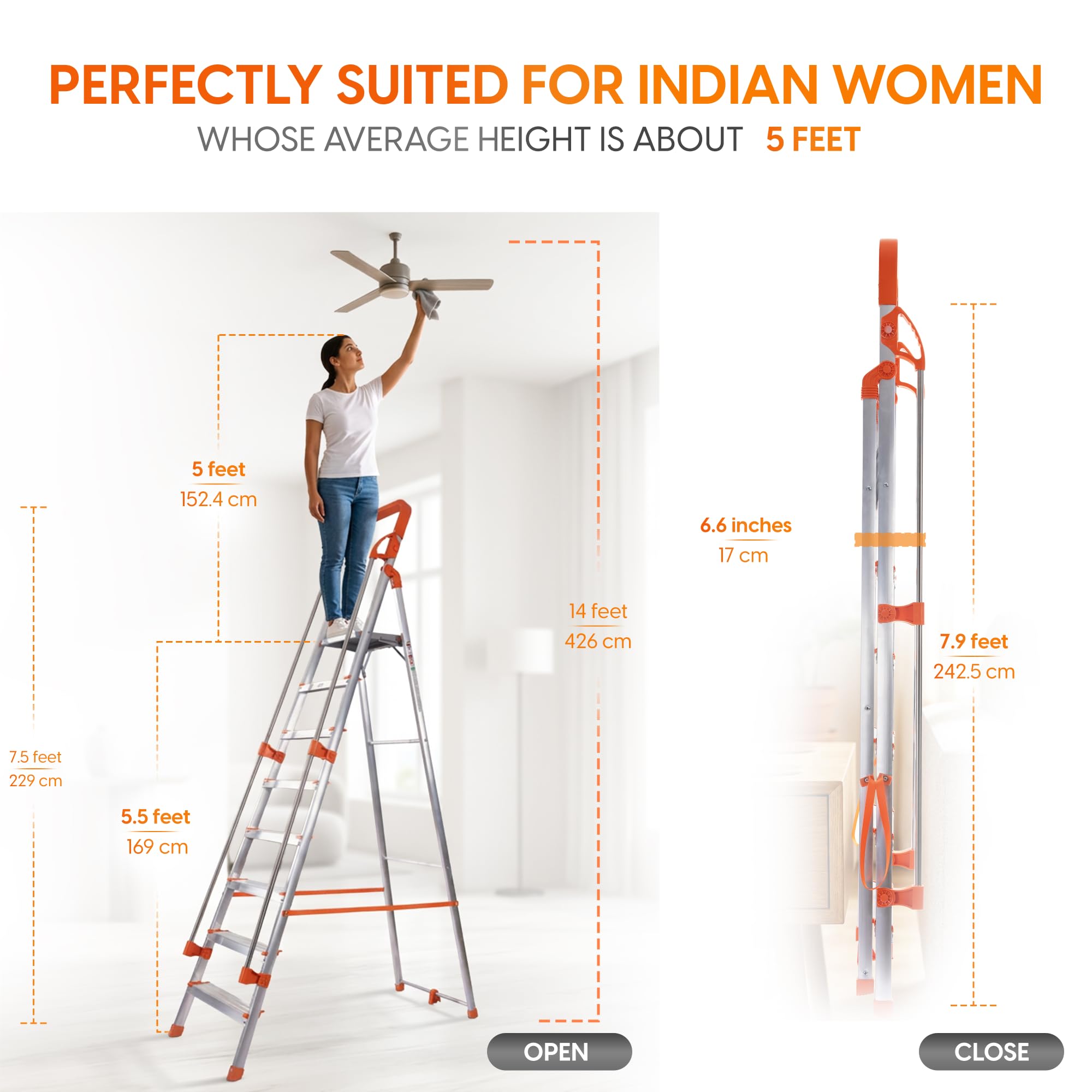 PROHOME Aluminium Ladder for Home 8 Steps Foldable with Railing & Anti-Skid Wide Steps | 8 Step Ladder for Home Use, Kitchen & Household | 270 Kg Capacity Folding Ladder | 5 Year Warranty (Orange) — Amazon image 6
