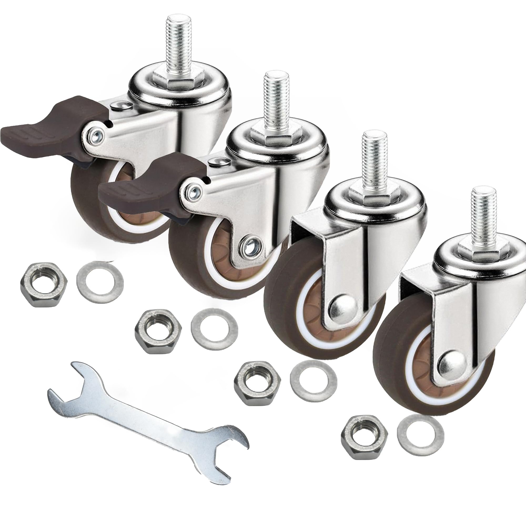 MyyYiTar 1.5" Swivel Stem Threaded Casters, TPR Mute Caster Wheel M6 ×15mm Stem Threaded Mini Casters with 2 Brakes -Brown — image 1
