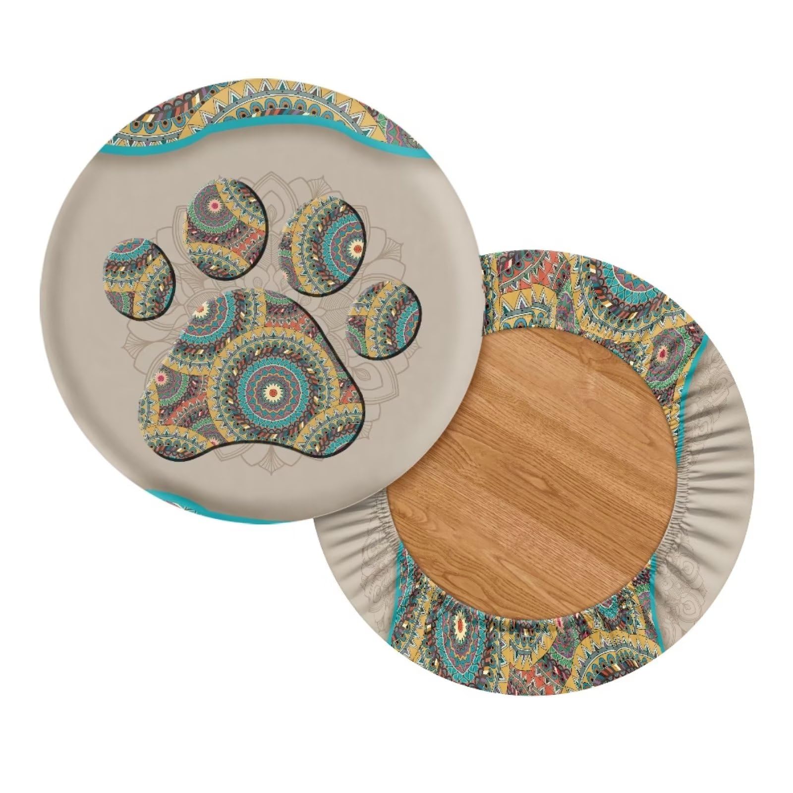 Lotusorchid Bar Stool Covers for Kids Round, Dog Paw Non Slip Stool Seat Covers Soft Stool Cushion Covers with Elastic Bands, Stretchy Stool Slipcover Bar Chair Covers (2 Pack), Beige and Green