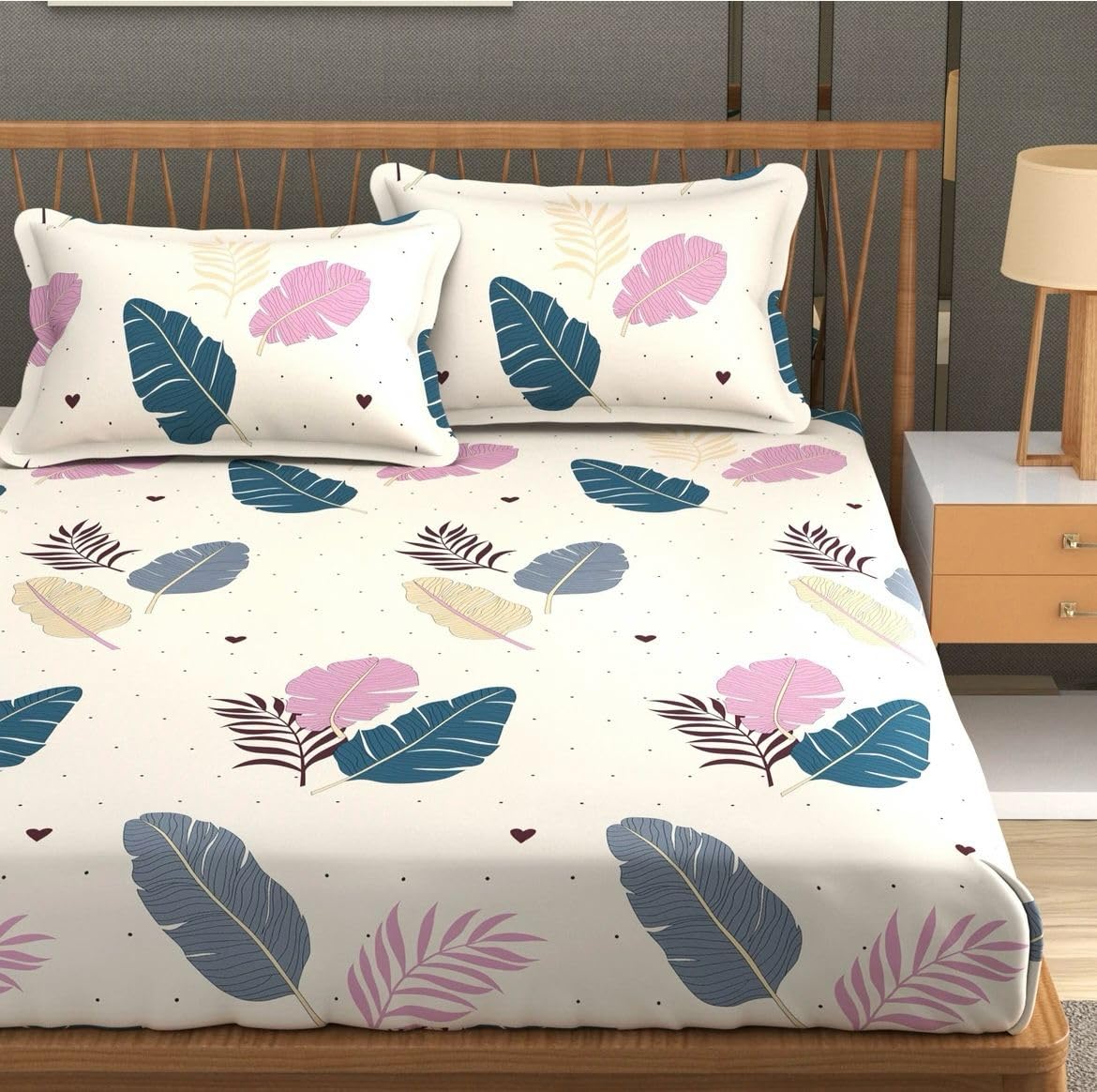 NEW TOWN Cotton Feel Glace Cotton Elastic Fitted Printed King Size Double Bed Bedsheet with 2 Pillow Covers and Fits Upto 8 inches Mattress, Size- 72"x78" Safari 1937-picture-26