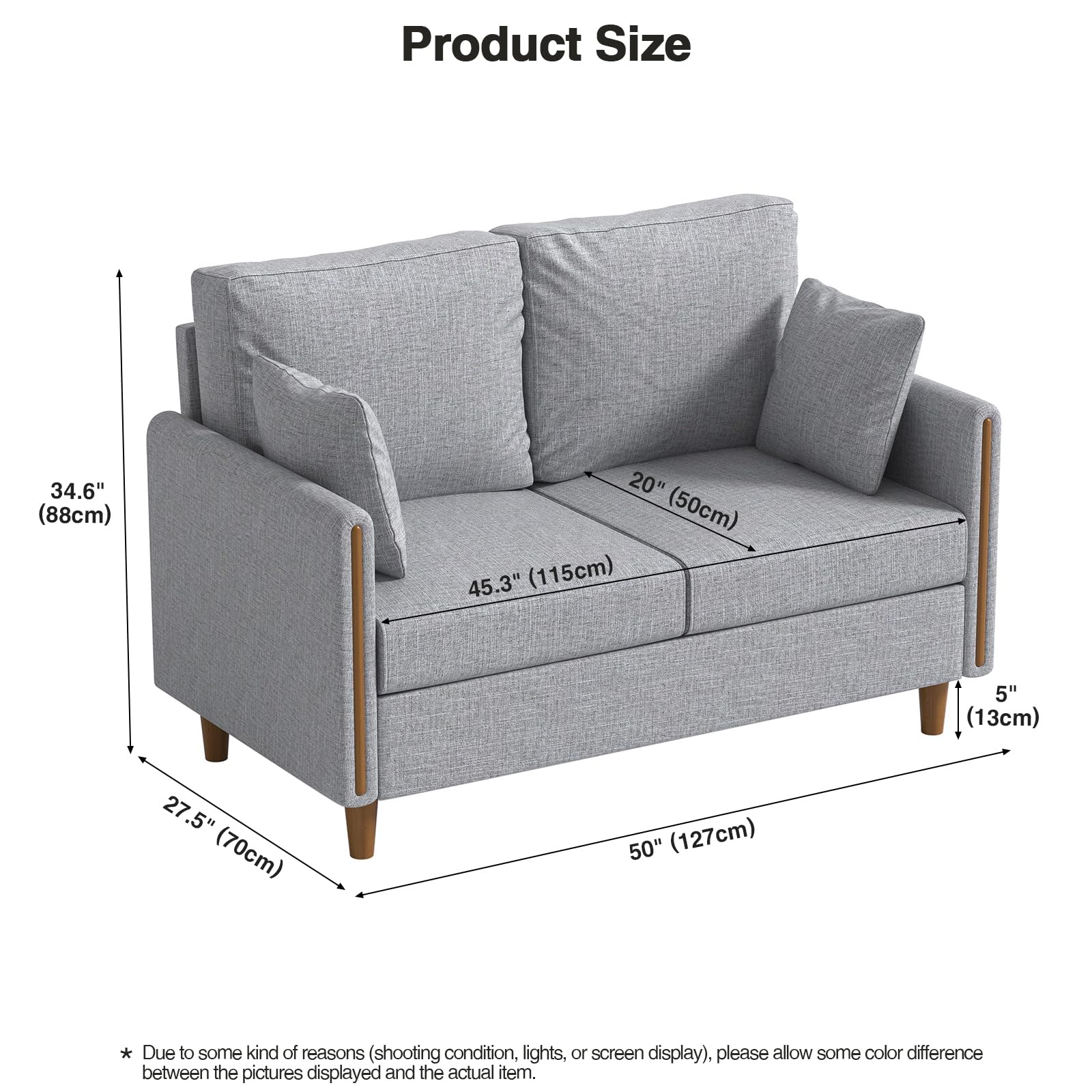 Sofa 2 Sitzer Kleine Couch mit Armlehne, 2 Zierkissen, 127 x 71 x 87 cm Zweisitzer Sofa Modern, Loveseat, Stoffsofa für Wohnzimmer, Schlafzimmer, Wohnung, Büro, Wohnung Einfache Montage