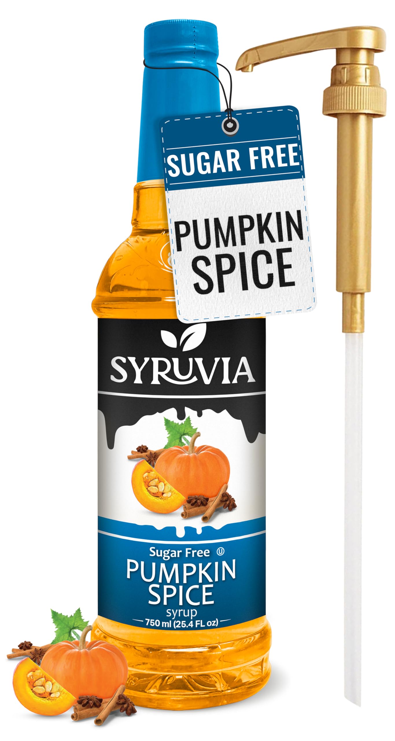 Syruvia Sugar Free Pumpkin Spice Coffee Syrup, Flavored Syrup for Drinks, Lattes, and Desserts – 25.4 fl oz, With Pump