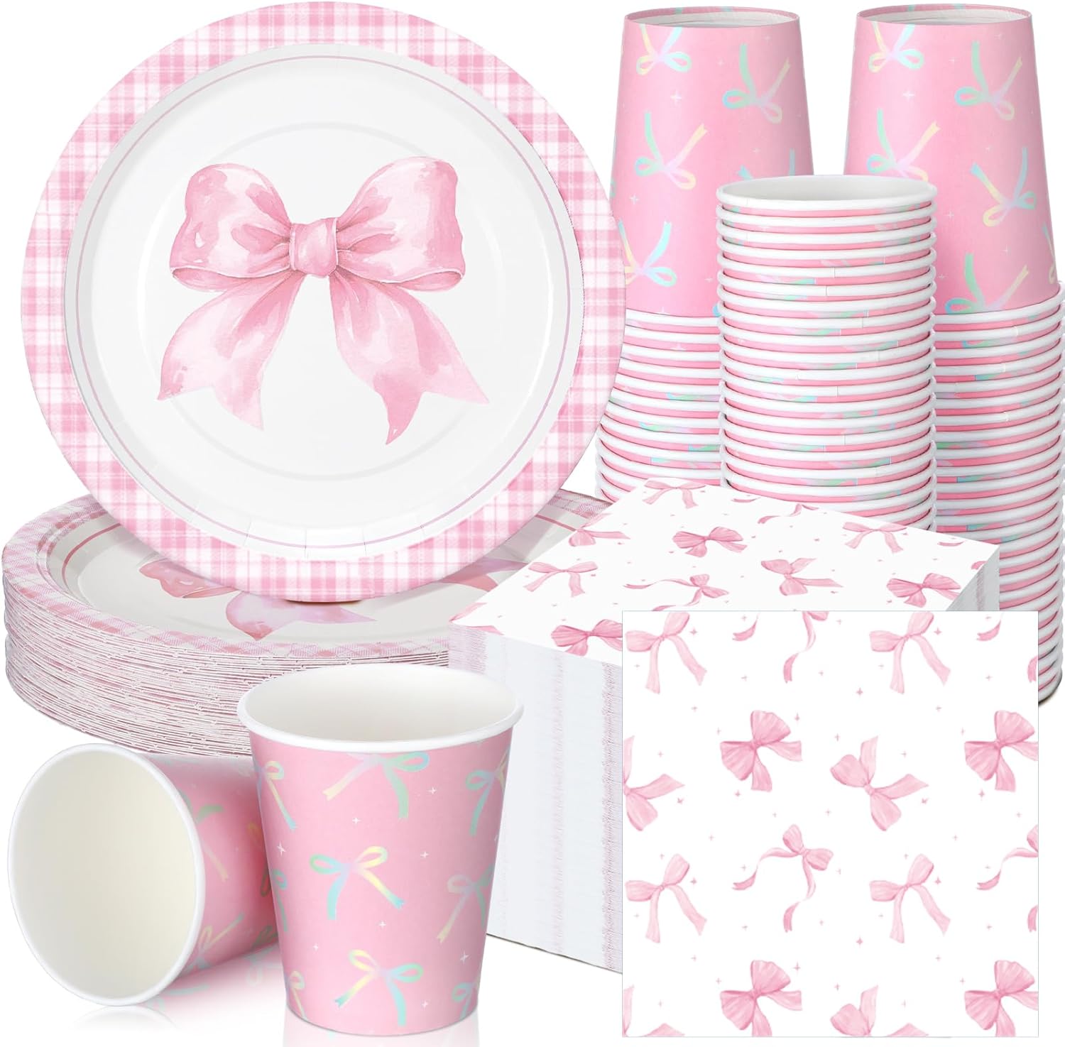 Hushee 200 Pcs Pink Bow Party Supplies Coquette Paper Plates Napkins Cups Pink Bow Baby Shower Tableware Disposable for Birthday Bridal Shower Engagement Bachelorette Party Dinnerware Supplies
