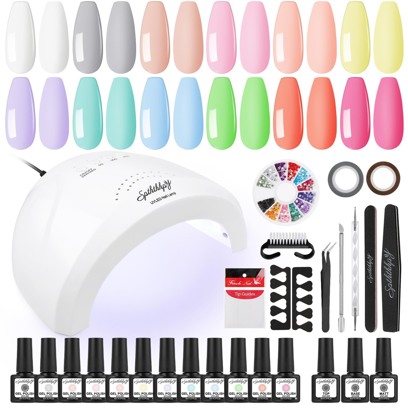 SPTHTHHPY Kit Completo Uñas Semipermanentes 12PCS Esmalte en Gel con 48W Lámpara, Kit en Gel de UV Gel para Manicura Francesa DIY Uña Arte，Kit Para uñas Semipermanentes con Capa Base y Superior