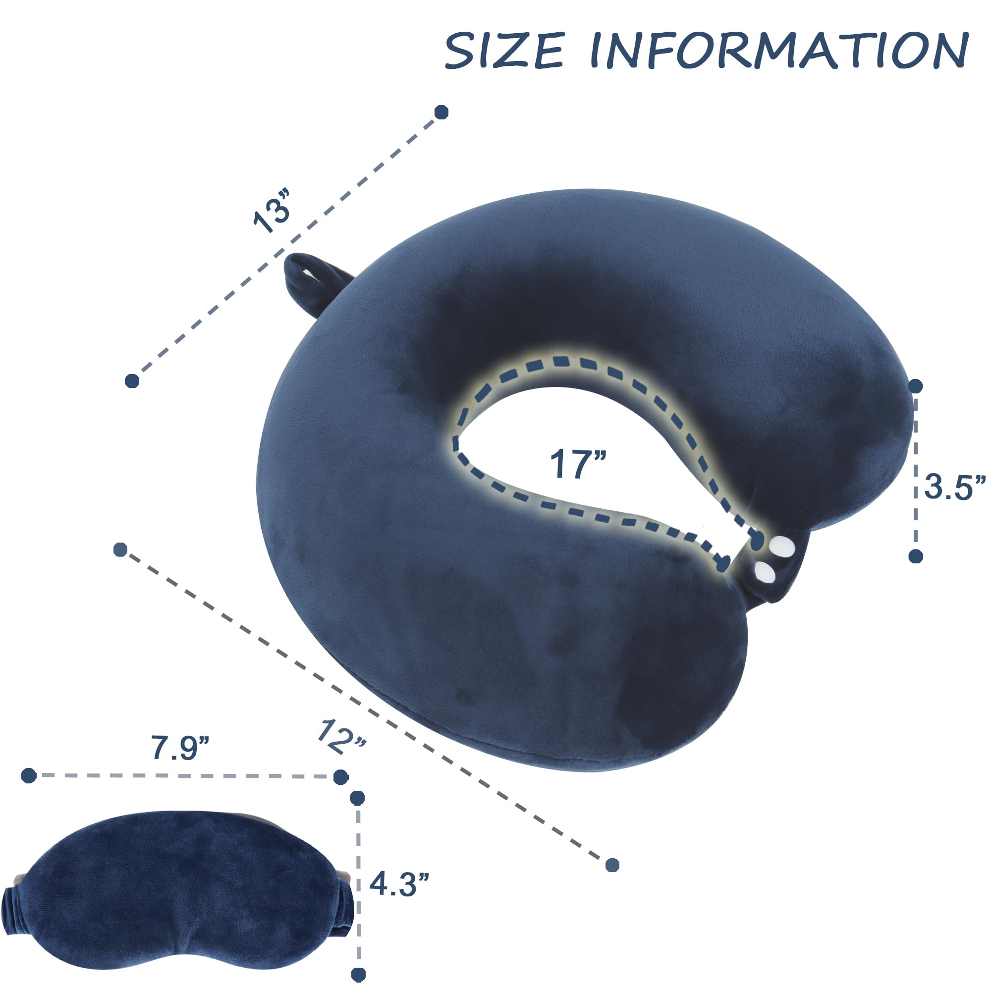 Juego de almohadas de viaje de espuma viscoelástica pura para adultos, funda cómoda y extraíble lavable a máquina, almohada de apoyo para el cuello, kit de viaje en avión con máscara de ojos para