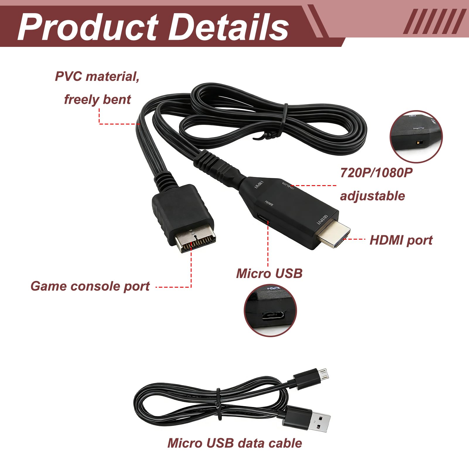 Adattatore PS1/PS2 a HDMI con cavo AV da 1 m, convertitore da PS1/PS2 a HDMI video audio 720P 1080P, segnale stabile senza perdita, plug and play per console di gioco retrò, compatibile con TV HD
