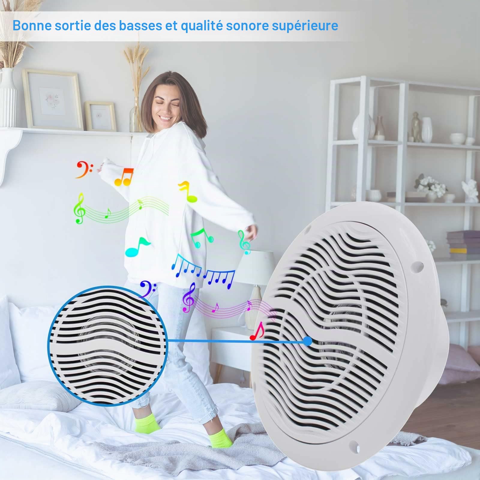 Herdio 6,5 Pouces 2 Voies 120 Watts Haut-parleurs de Plafond Marins étanches, Parfaits pour la Cuisine de Salle de Bain de Bateau, Compatible avec Bluetooth,1 Paire, Blanc