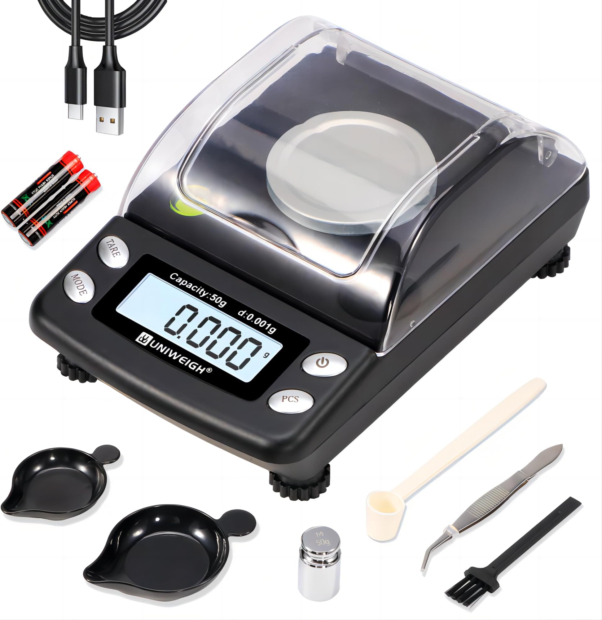 UNIWEIGH Digital Milligram Scale Accurate 0.001g/50g,Precision mg Scale for Jewelry,Powder,Gold,Gem,Reloading Scale,Micro Gram Scale with 6 Units,Tare,Cal Weight,Pocket Scale with USB&Battery Powered