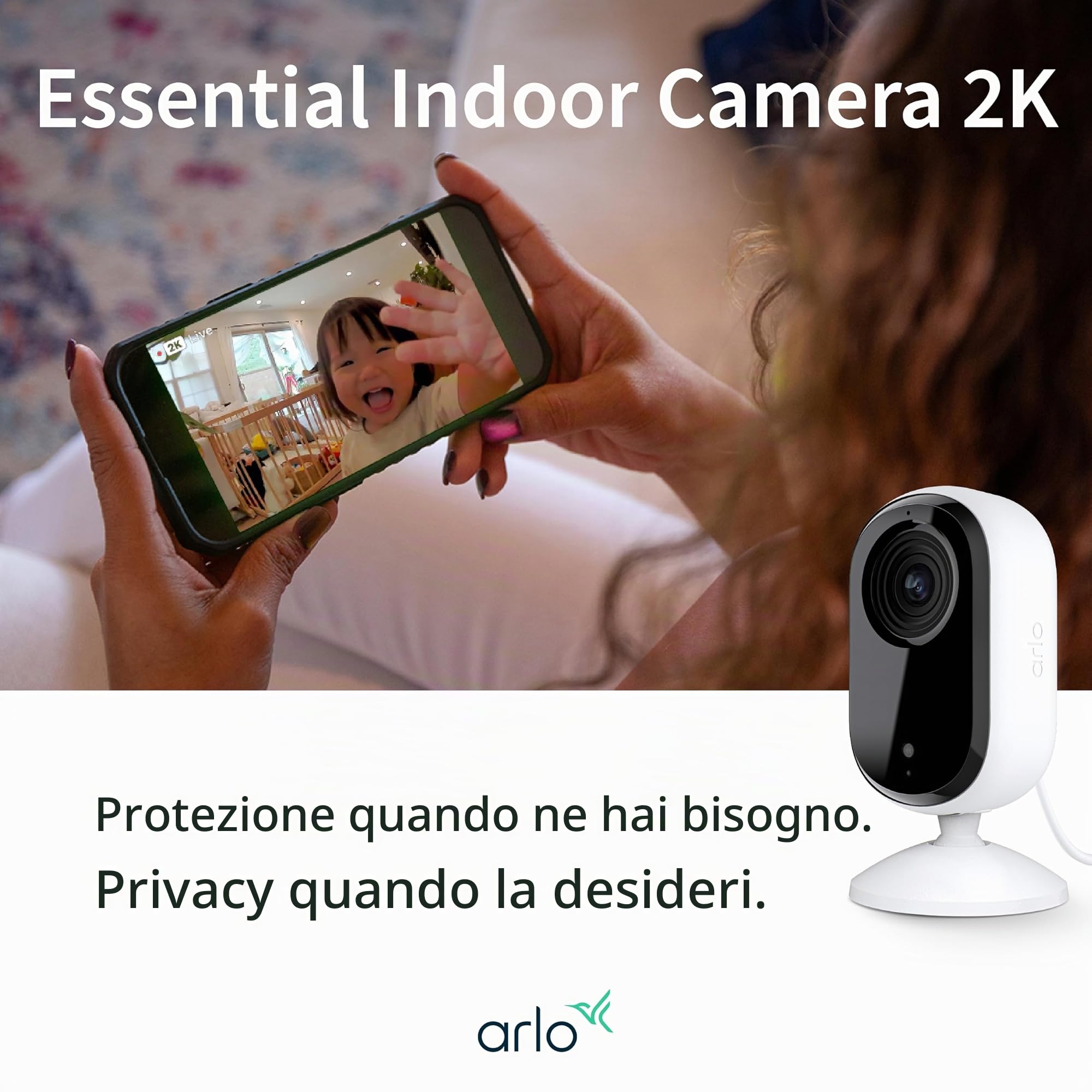 Arlo Essential Security Camera 2K | Indoor Only| 2nd Gen | Baby Monitor & Pet Camera | Wired Automated Privacy Shield, 2-Way Audio, Night Vision, Live Stream, Motion Alerts & Notifications White,1 Cam