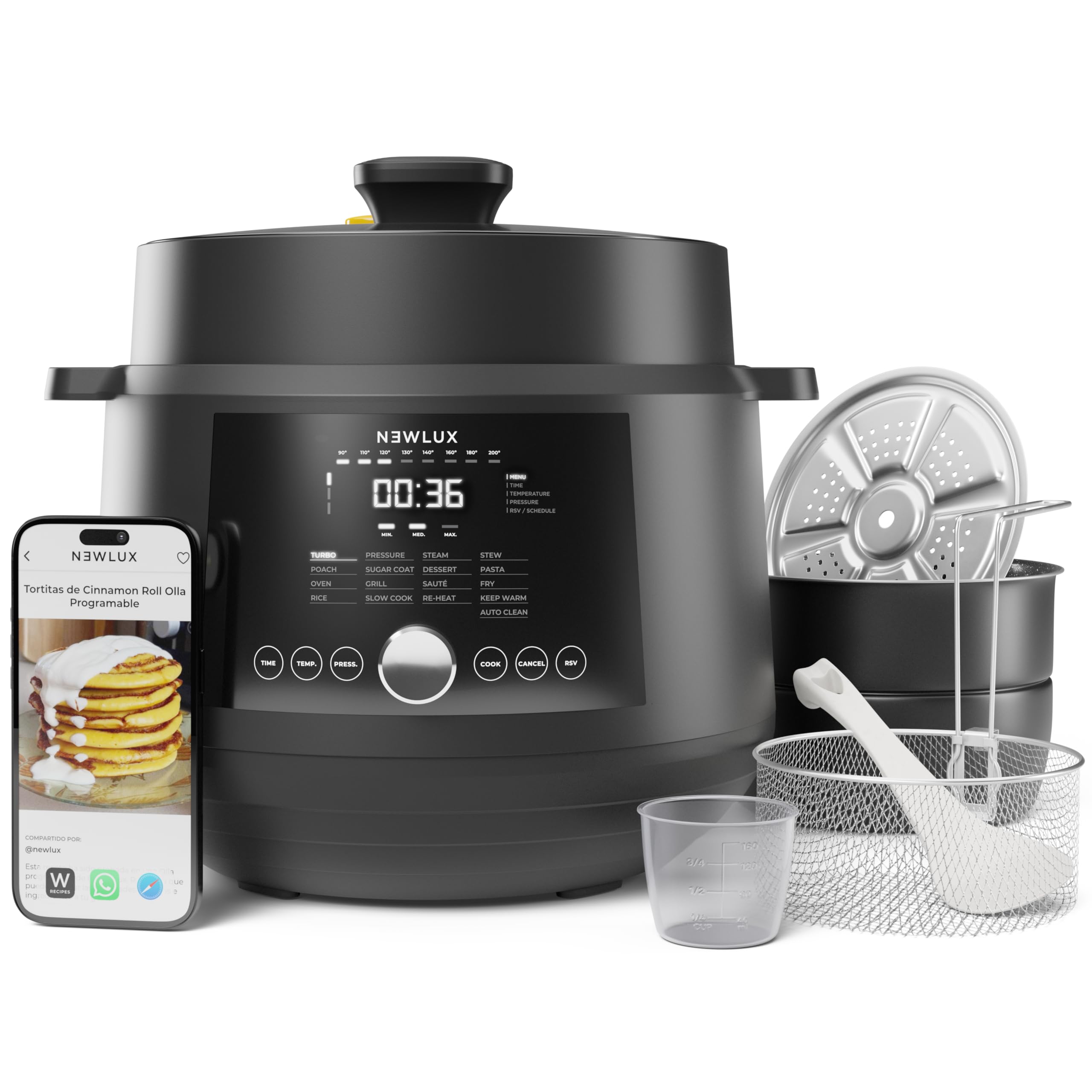 NEWLUX - Olla Eléctrica 6L SmartChef V600 (1200W), Robot de cocina con 4 niveles de presión (90Kpa) y 17 Programas. Olla Programable 24h con Vaporera 2 Niveles | F. Freír y Limpieza Automática, Negro