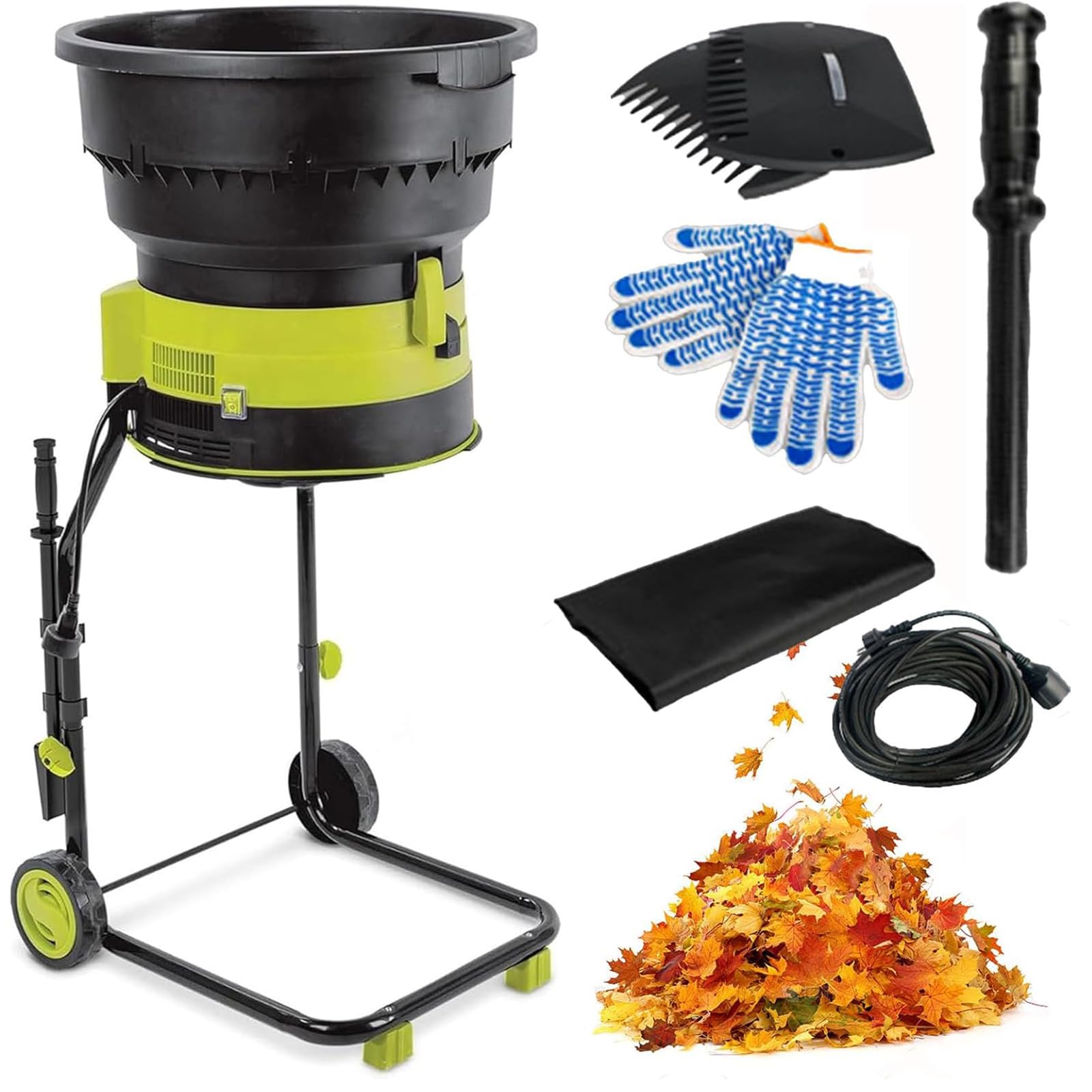 Elektryczna rozdrabniacz do liści, 2500 W, szybki rozdrabniacz do drewna, 8000 obr./min, z lejkiem 54 cm, kółkami i torbą do przechowywania, konfigurowalny rozmiar cząstek do czyszczenia