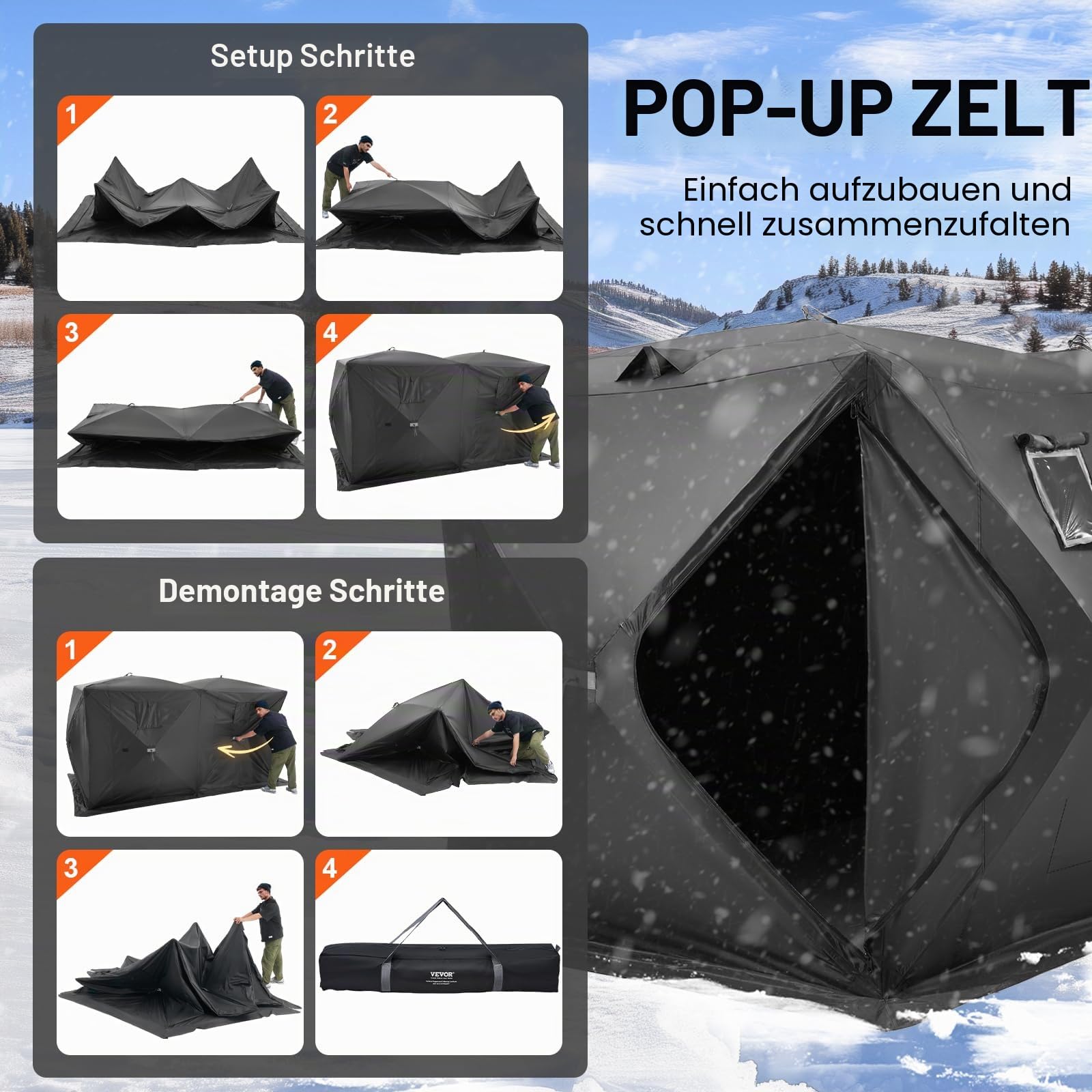 VEVOR Tragbares Pop-Up-Eis-Angelzelt, 1-8 Personen Isolierter Eisschutz, großer Angelbereich, Naben-Stil Ice Shanty für Winterangeln, wasserdichter Oxford-Eiswürfel mit Ankern/Seilen/Tragetasche