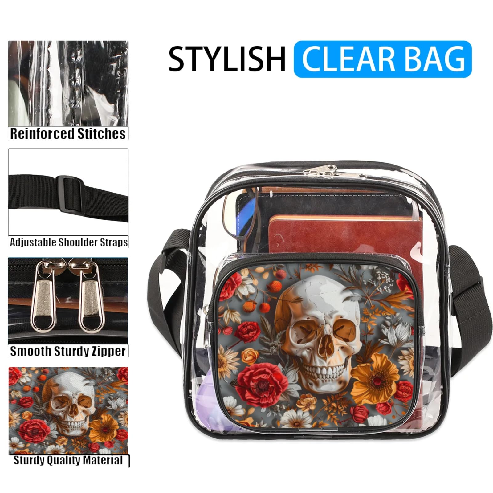 Clear Crossbody Bag Stadium Approved Rose Skull Transparent Bag for Festivals, Sports Events, Concerts,Beach Bag for Women Men Clear Purse with Front Pocket Messenger Bag with Adjustable Strap