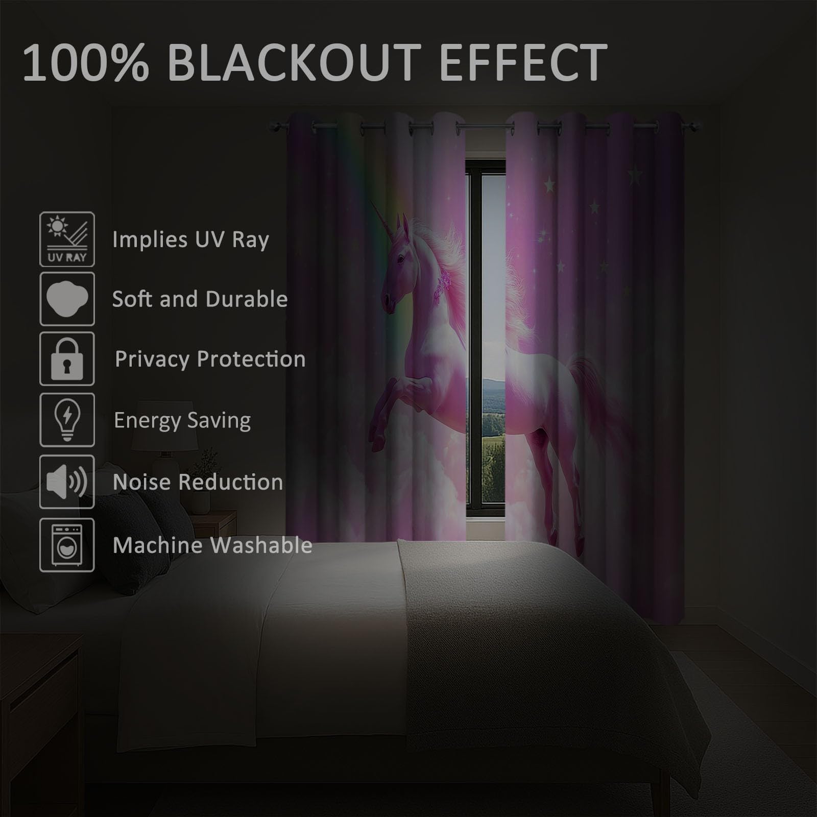 Rideaux Occultants Thermiques Licorne Arc-en-Ciel Violet, Rideaux Opaques à Œillets pour Salon et Salle à Manger, Isolation Thermique Moderne, L140 x H245 cm, Lot de 2