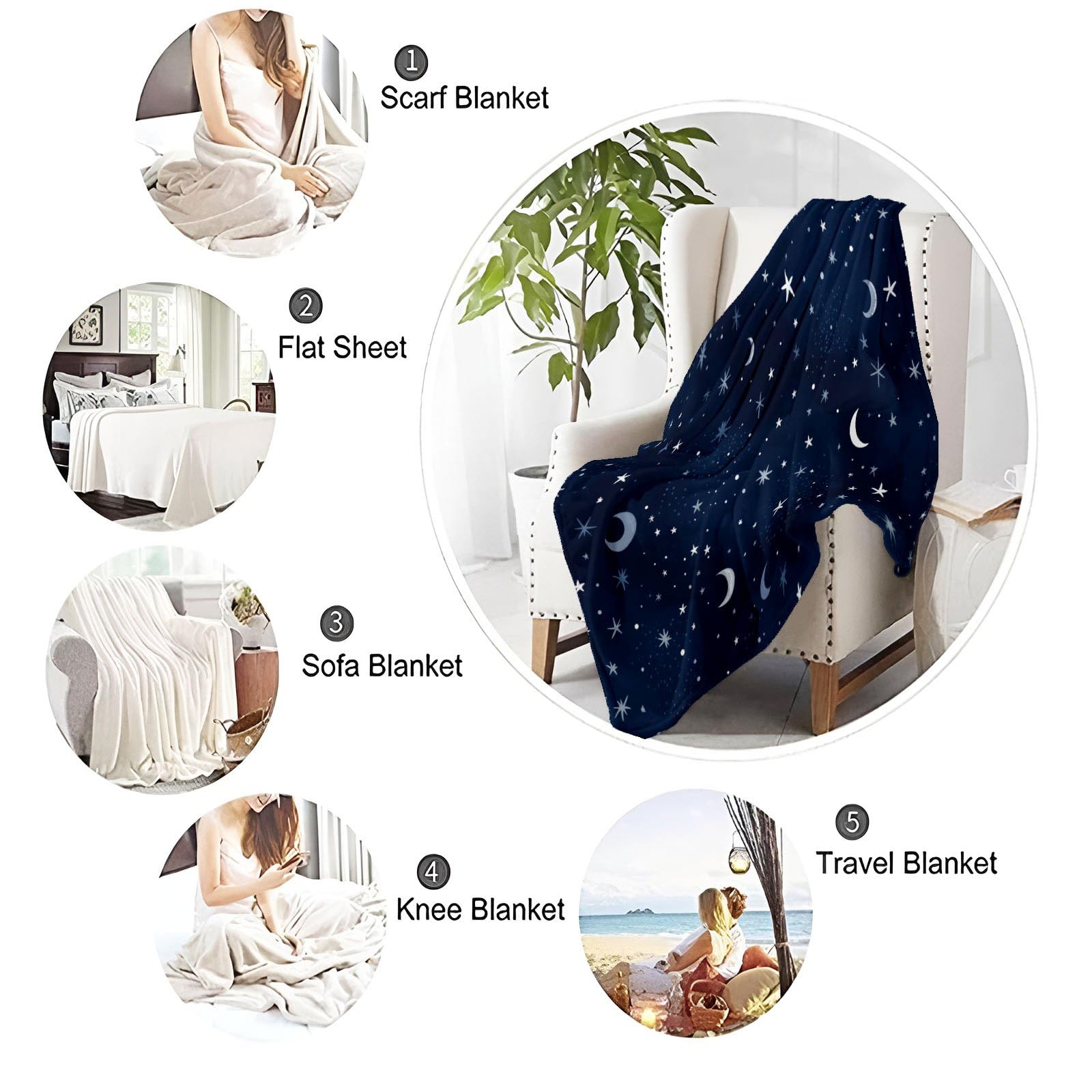 Modern Fantasy Kuscheldecke Sterne Mond Weltraum Decke Tagesdecke Wohndecke Marineblau, Couchdecke Weich Warm Flauschig, Sofa Decke für Reisen Zelten Outdoor, 150 x 200 cm