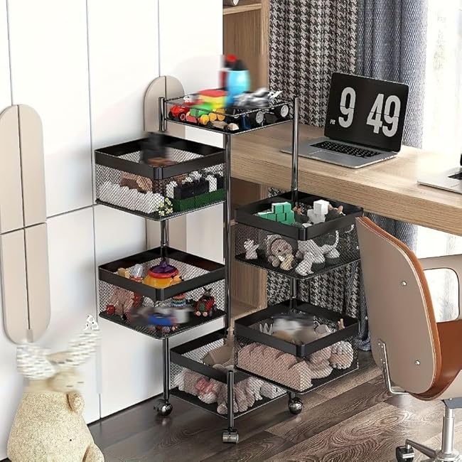 5-Tier Rotating Kitchen Storage Shelf Metal Multi-Layer Vegetable Fruit Basket Organizer with Wheels Square Floor-Standing Rack for Pantry Bathroom Living Room (White)-U4jvLfoI