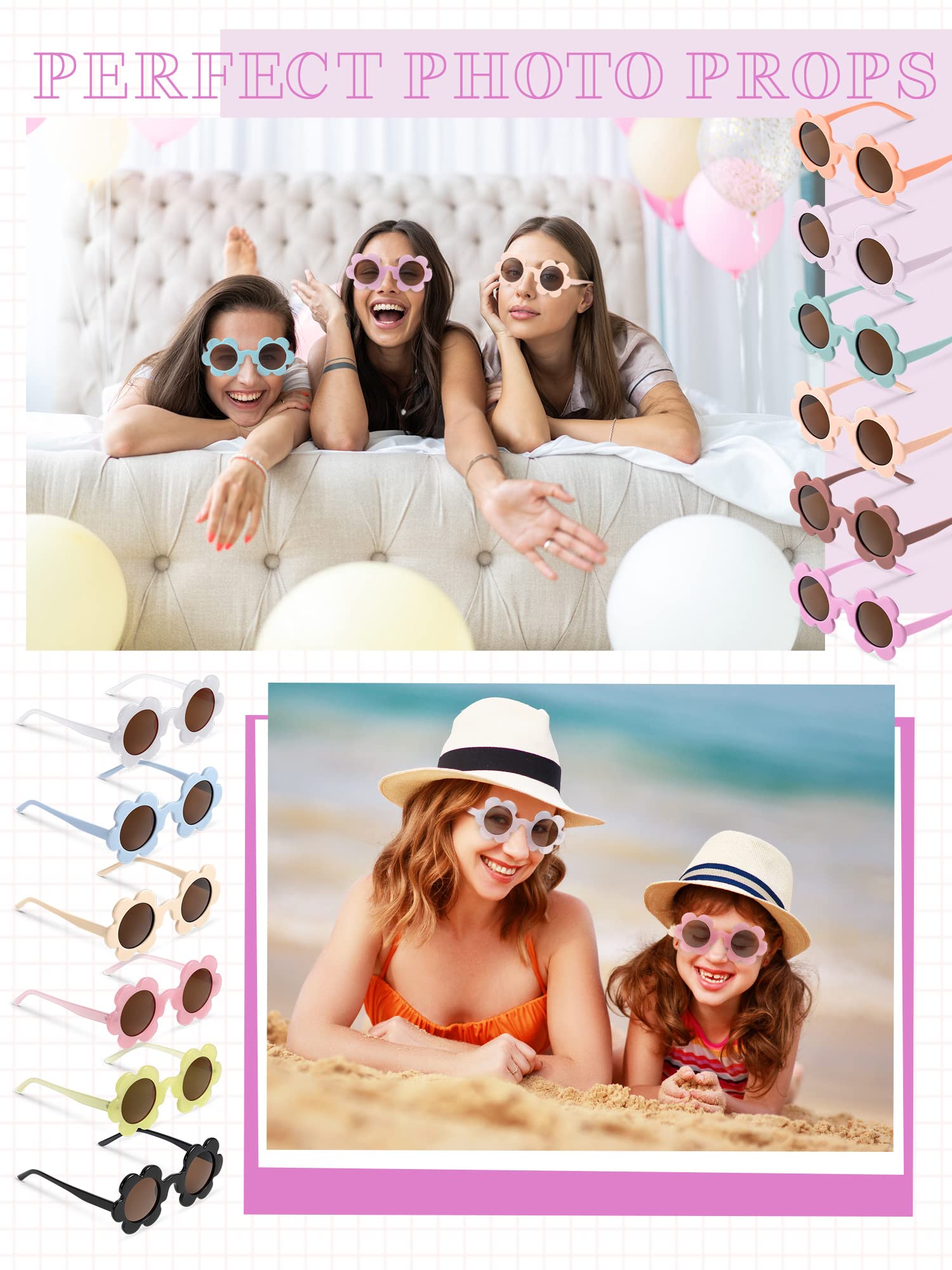 Kanayu Lot de 12 paires de lunettes de soleil d'été pour adultes - 13,7 cm - Protection UV - Motif floral coloré - Cadeau de fête