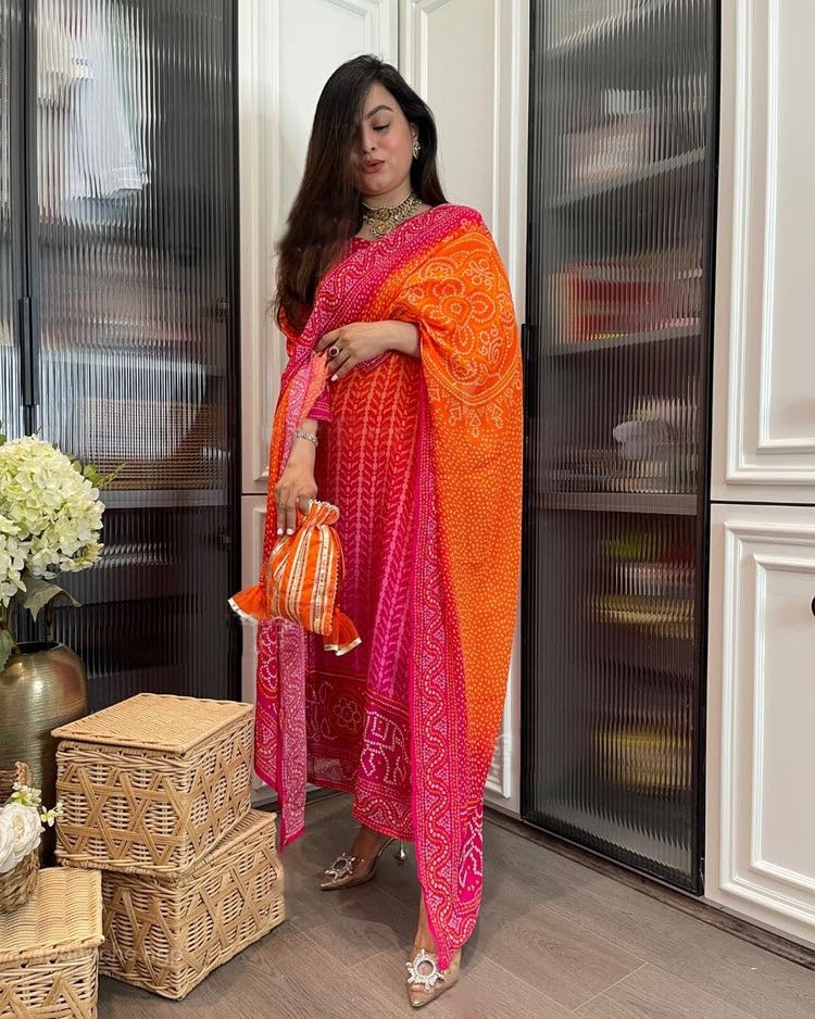 Image of GoSriKi Women's Rayon-Viscose Straight Kurta Set with Multicolor Bandhej Print - 3 /4 Sleeves, Calf-Length Kurta + Pant & Dupatta - Comfortable & Festive Ethnic Wear