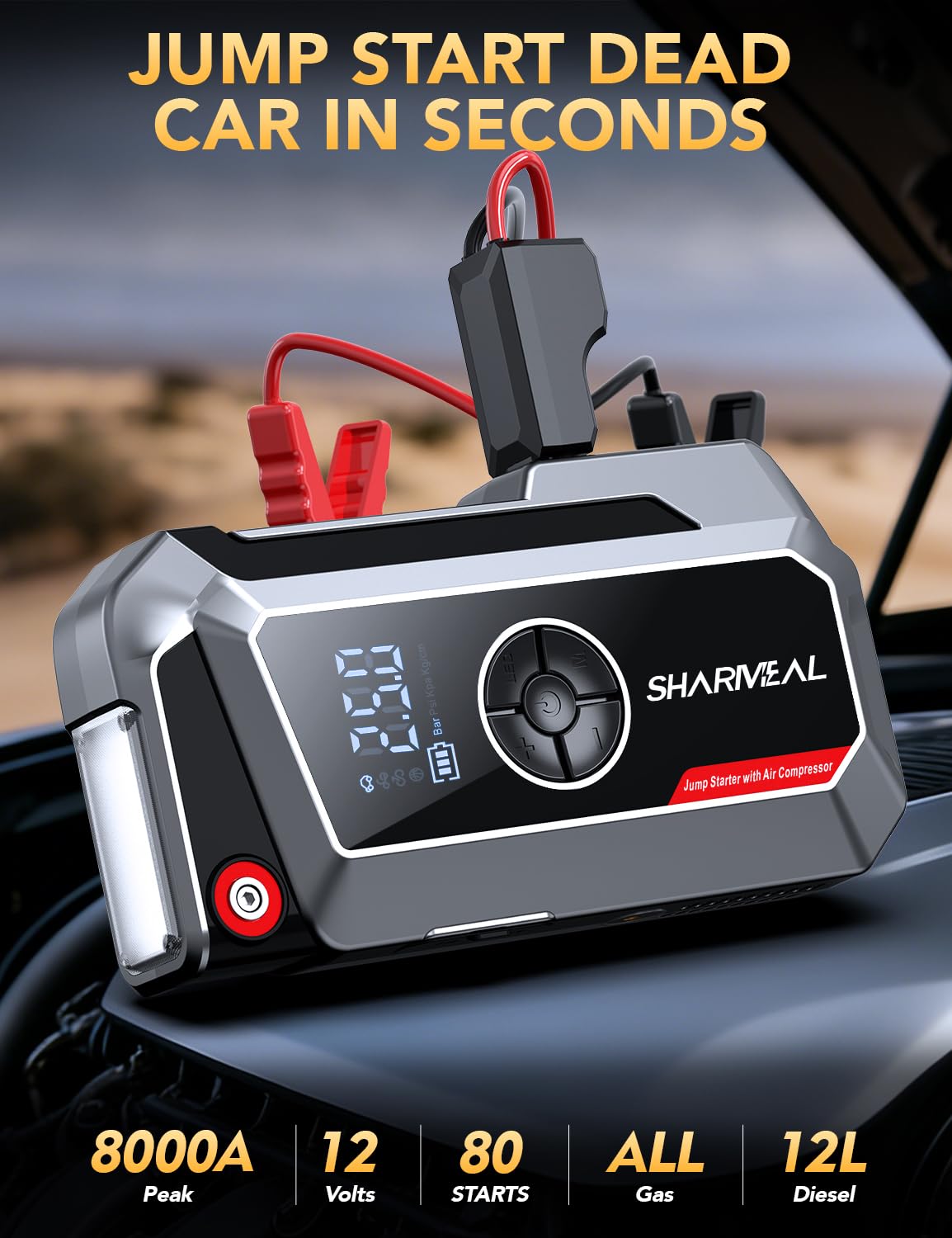 SHARMEAL 10000A 200PSl Compressore d'aria portatile per impieghi gravosi e avviatore di emergenza con display digitale, batteria per auto multifunzione 7 in 1, batteria al litio vari adattatori