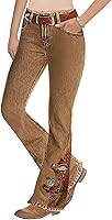 Flamingals Women's Floral Embroidery Mid-Waist High-Stretch Bootcut Jeans with Pockets
