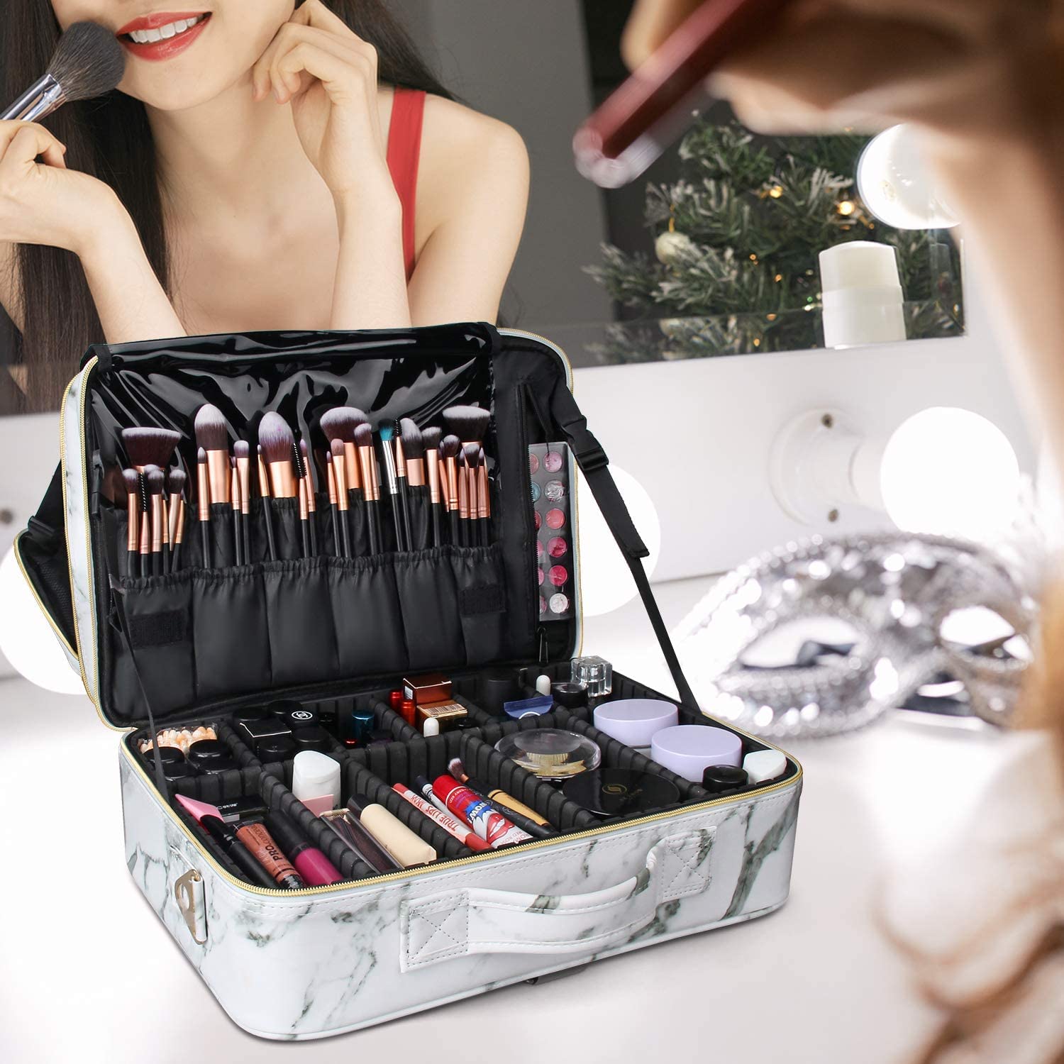 Adson Large Makeup Bag 3 Layers Professional Train Cosmetic Bag Makeup Organizer Case Artist Storage Brush Box with Adjustable Dividers and Strap for Makeup Accessories (White Marble Pattern) 1