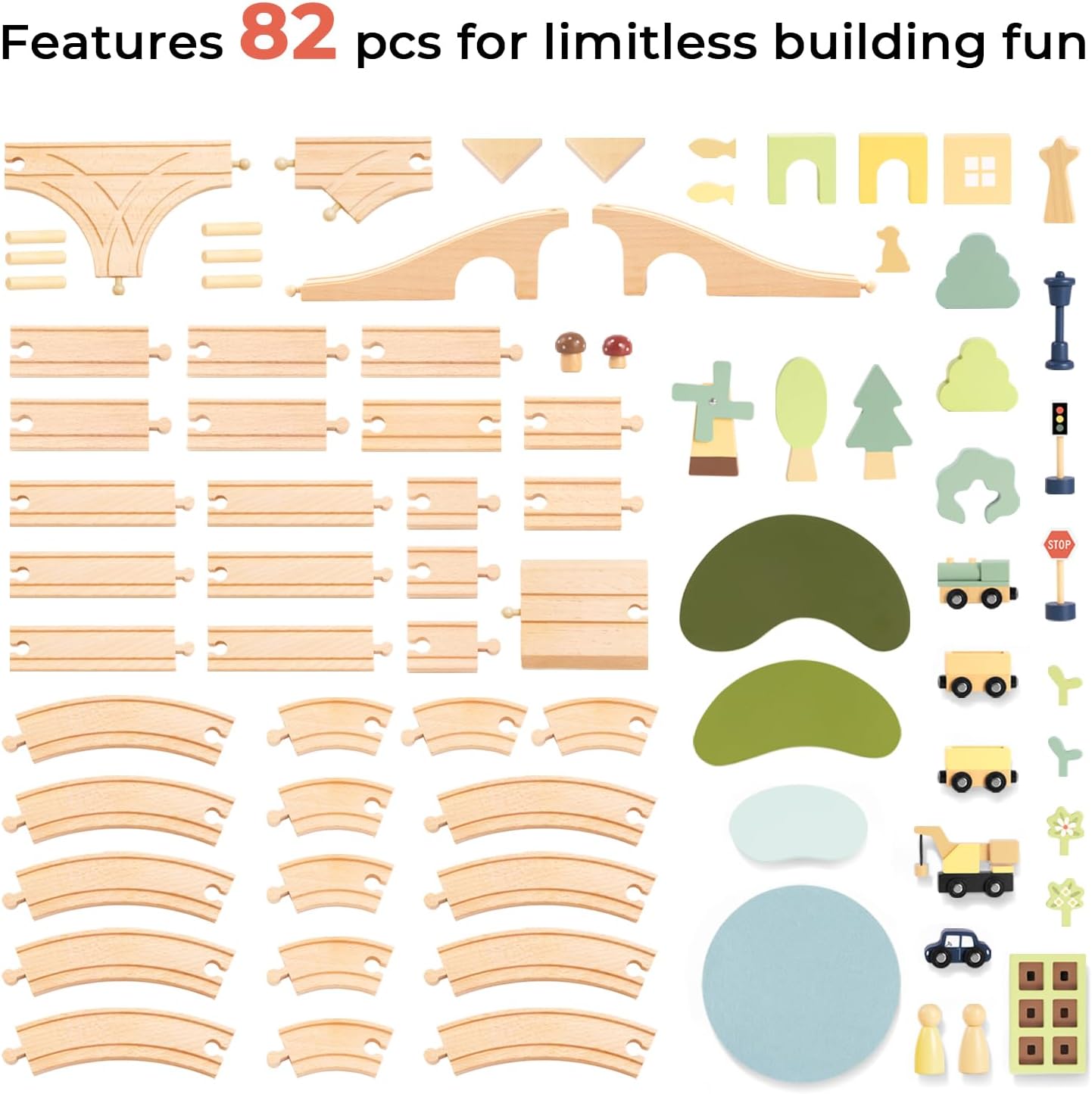 OOOK Multi-Scenario Wooden Train Set,All Wood Accessories Train Set for Toddlers 3 Years Old, Multi-Scenario Train Toy for 3 4 5 Years Old Girls & Boys - Image 2