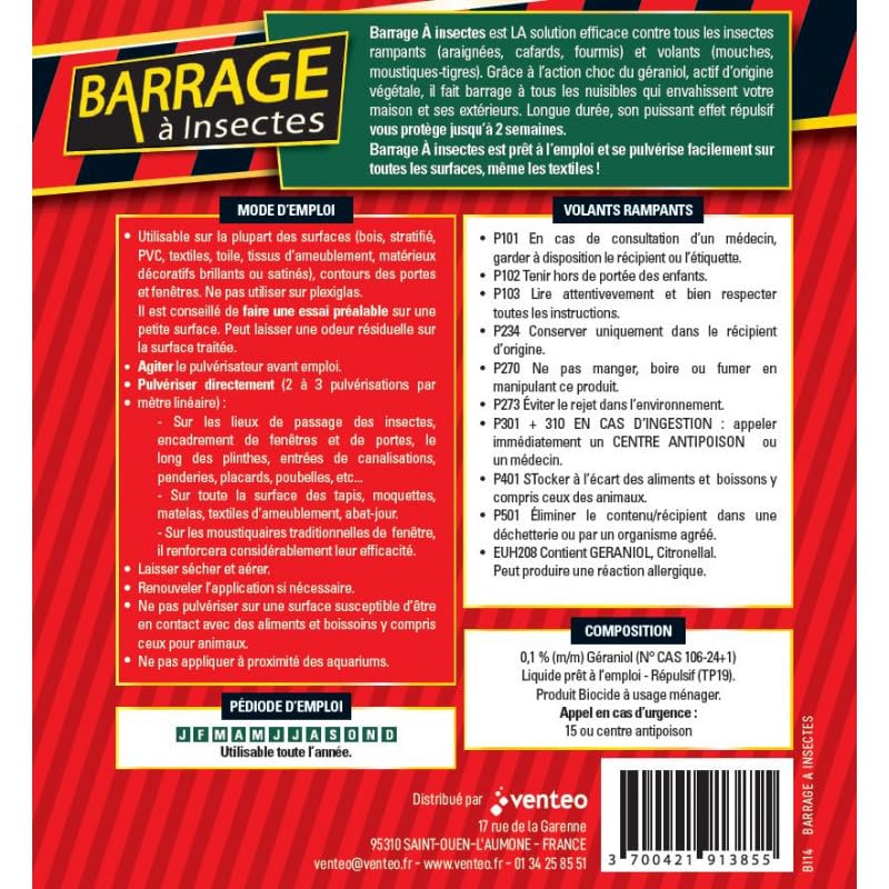 Barrage aux insectes base de géraniol VENTEO 1L anti-nuisible efficace