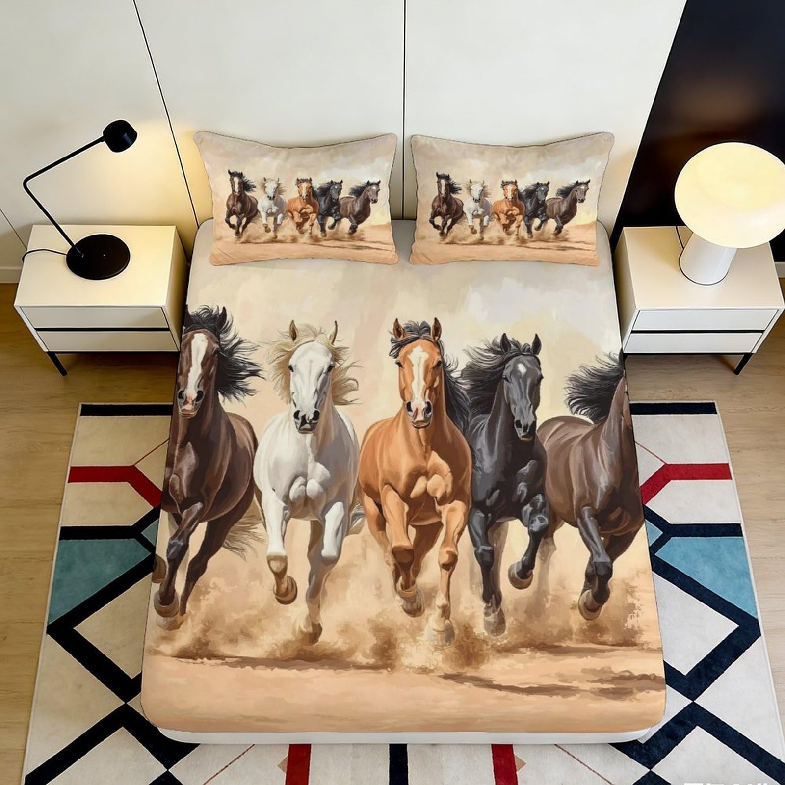 3D Printed Running Horses Fitted Sheet Microfiber Soft Durable 3D Printed Galloping Horses Bed Cover for Bedroom Dormitory Guest Room Mattress Protection 120x200x25cm