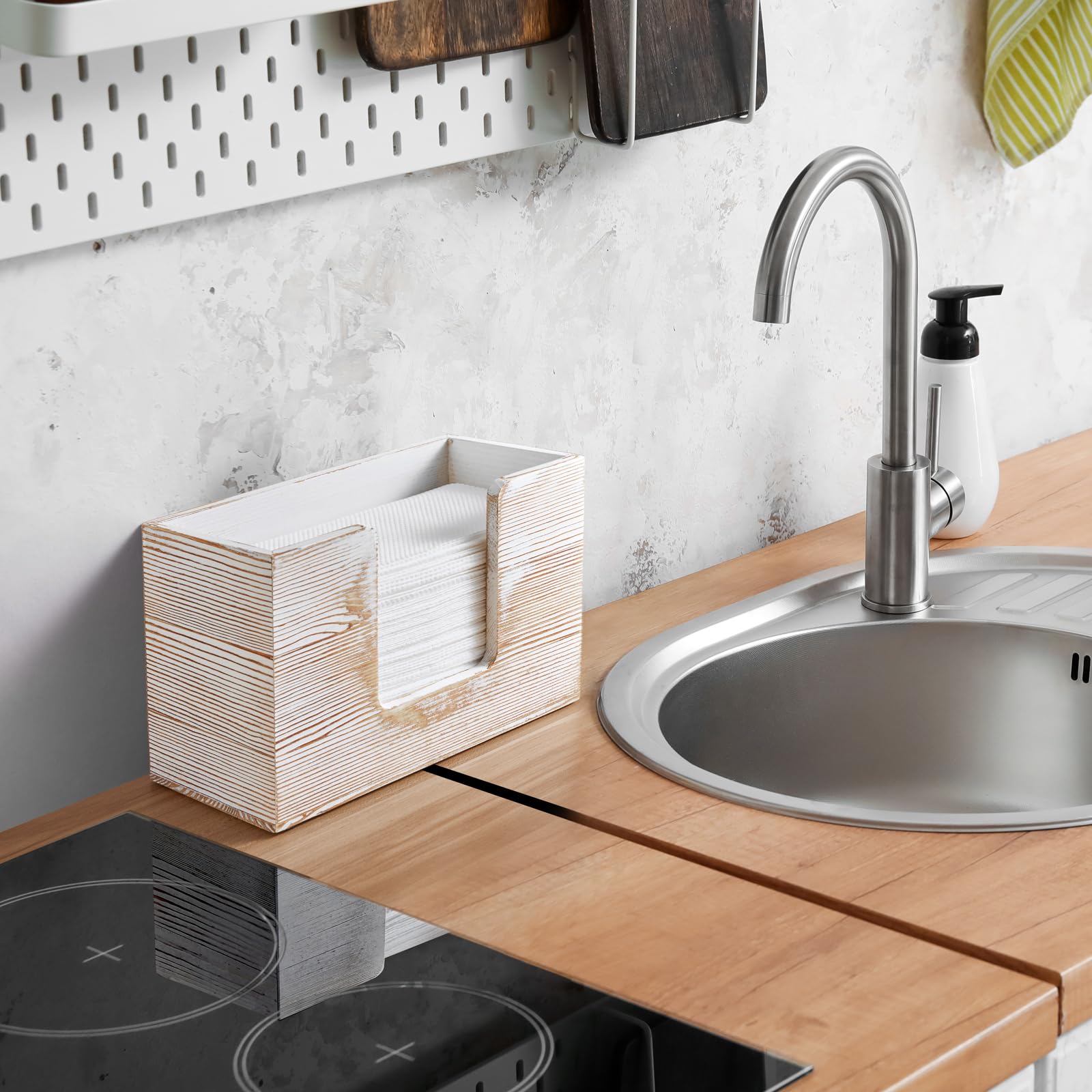 Dispensador de toallas de papel para encimera, soporte de madera para toallas de papel de baño, servilletero blanco rústico para cocina, encimera, plegable, plegable, en Z, dispensador de toallas de