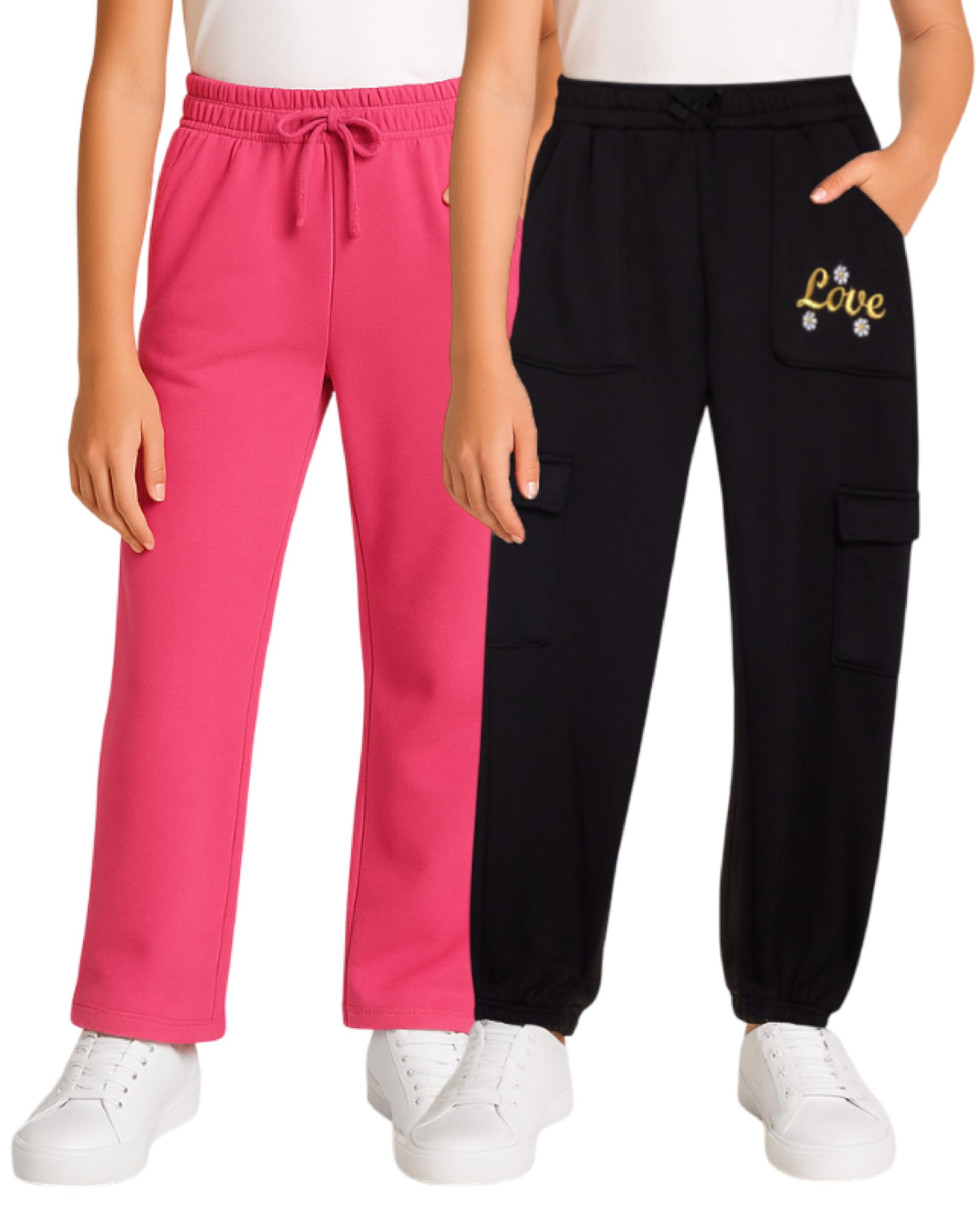 Real Love Girls Sweatpants - 2 Pack Lighweight Soft Fleece Cargo Pants & Jogger Sweatpants for Girls (Sizes 7-16)
