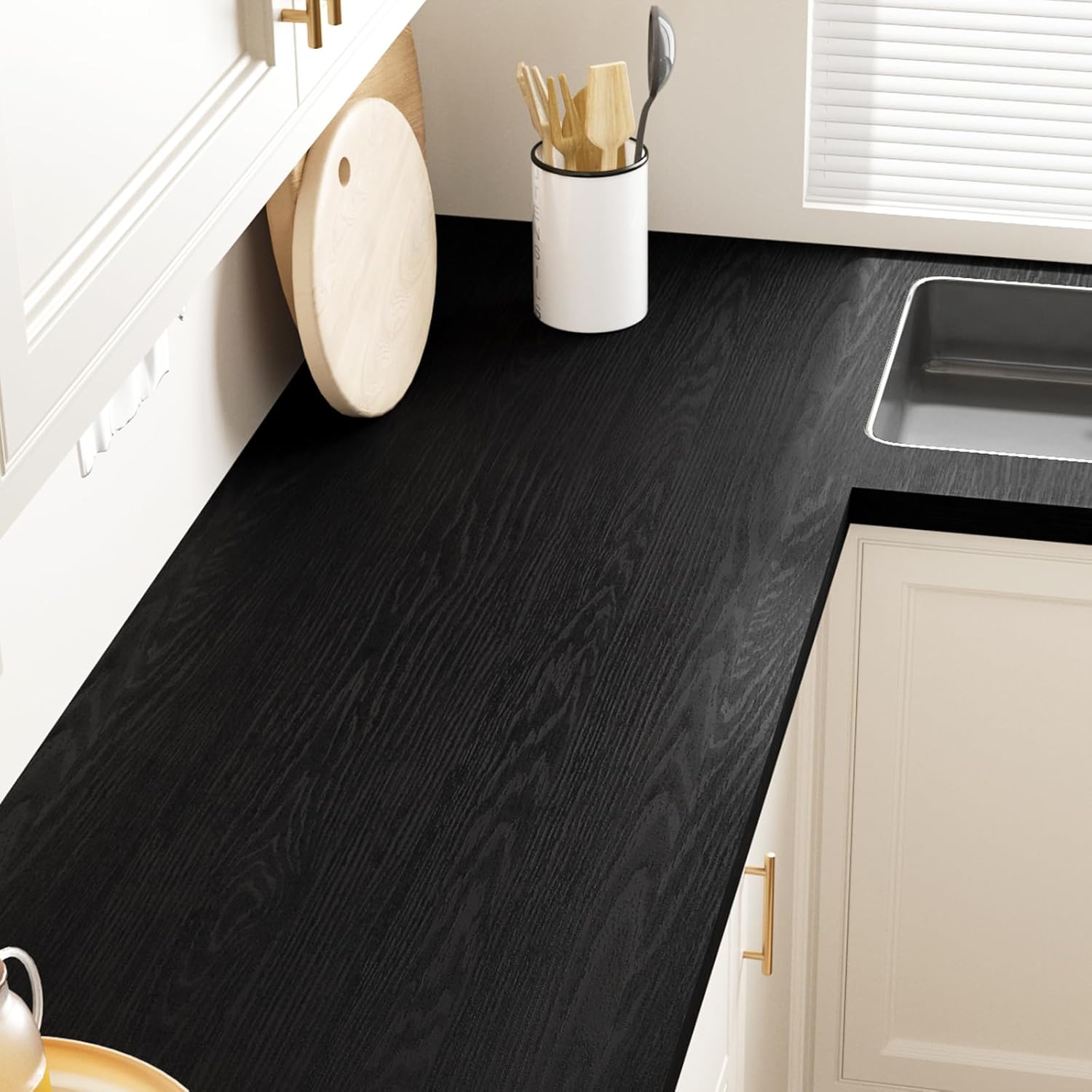 Black Wood Contact Paper Peel and Stick 15.7"x118" Wood Grain Contact Paper for Countertops Kitchen Cabinet Waterproof Self Adhesive Removable Black Wallpaper for Bedroom Bathroom Vinyl Wrap