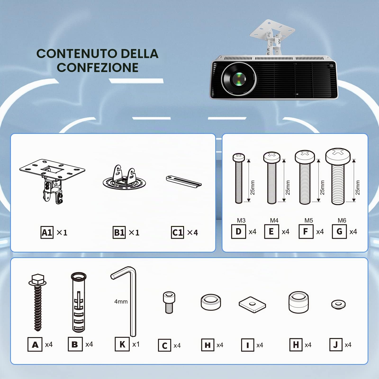 XINLEI Supporto da parete a soffitto universale per proiettore con rotazione di 360°, rotazione di 40° e inclinazione di 30°, morsetto regolabile per impieghi gravosi, capacità 13,6 kg, bianco PR14W