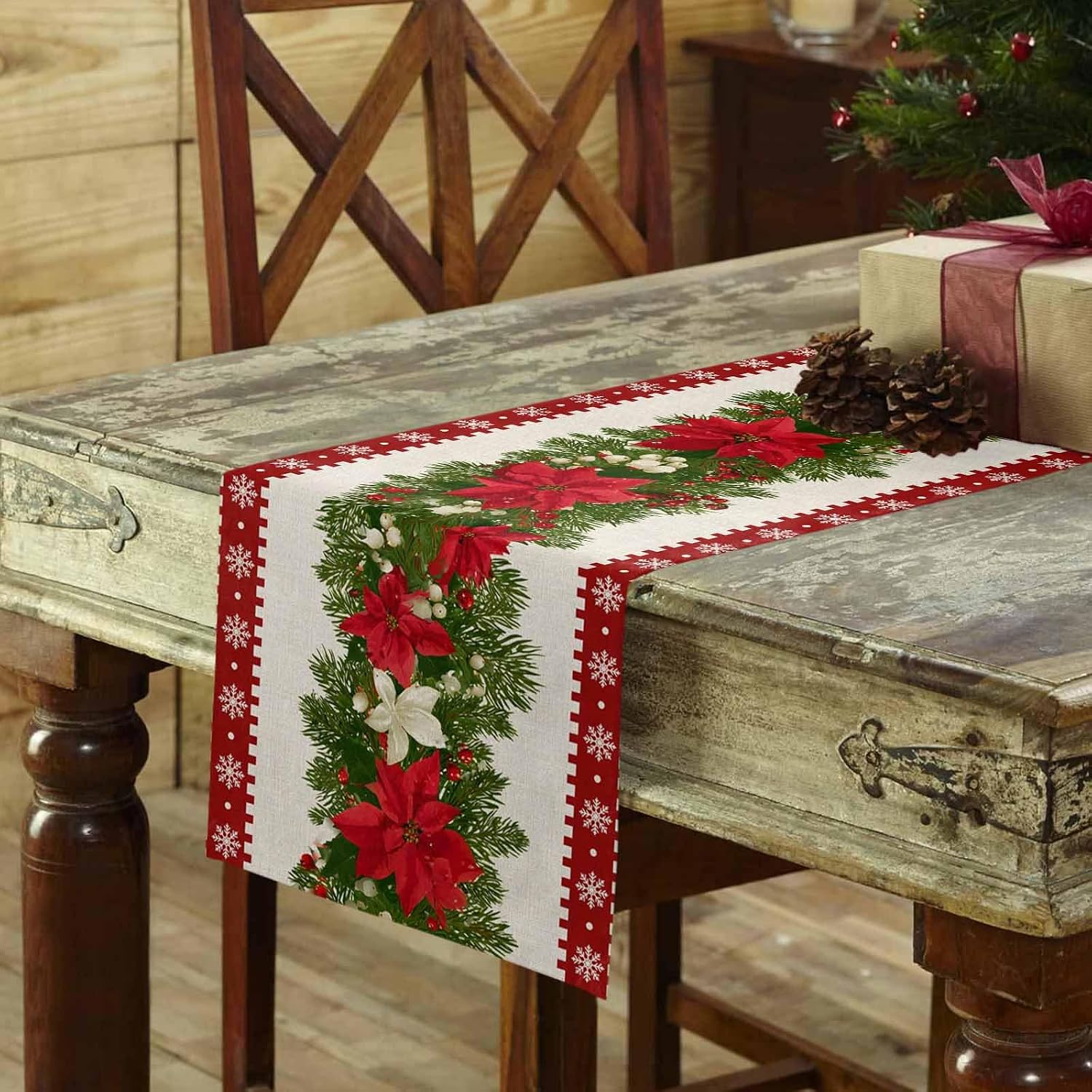 Red Christmas Table Runner 120 Inches Long Farmhouse Dress Scarves, Poinsettia Xmas Botanical Snowflake Dining Tablerunner for Coffee Table/Kitchen Island/Party Décor, 13" x 120"