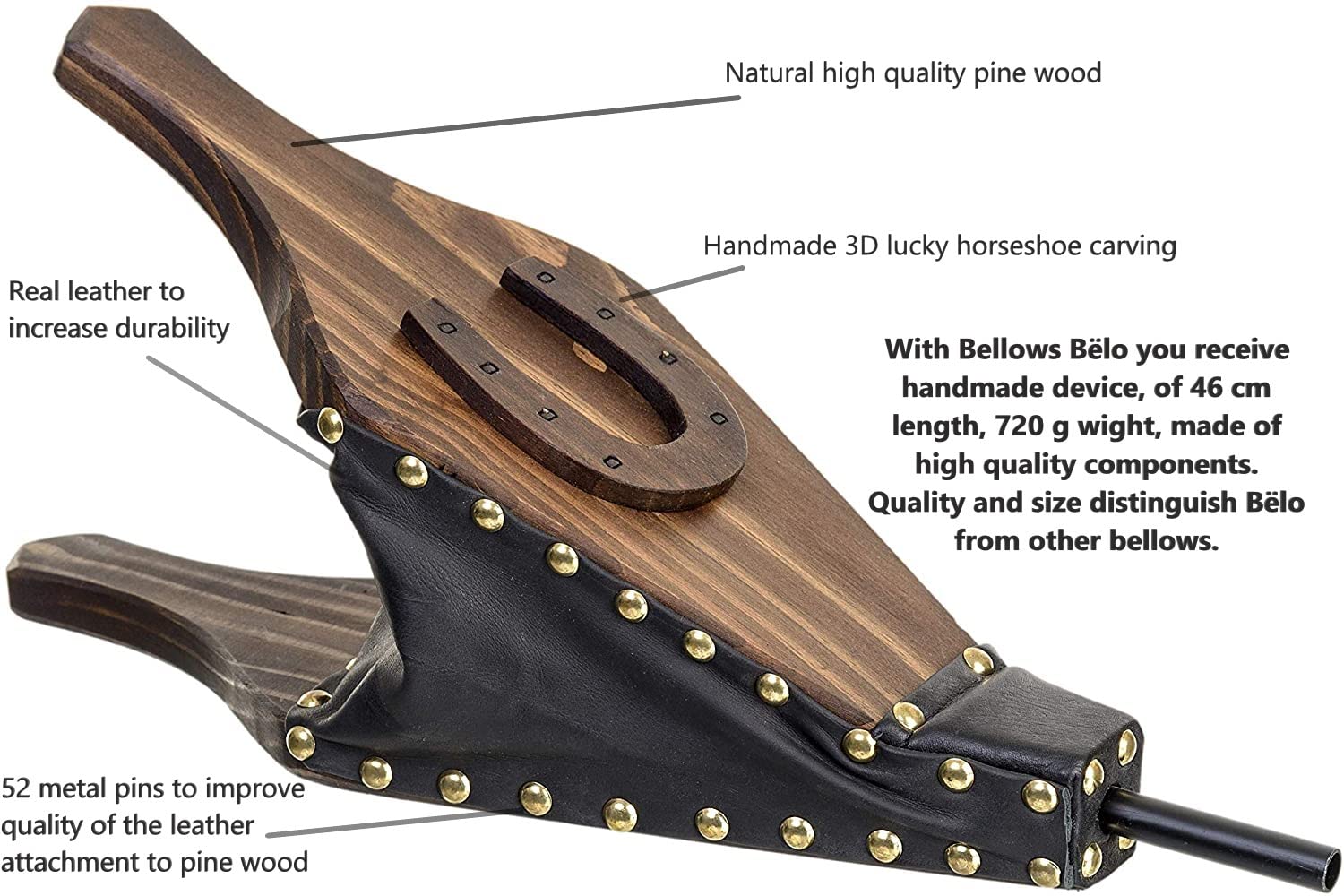 Soffietto per camino, 46x15 cm, in pelle nera, ferro di cavallo intagliato 3D, strumento per stufe a legna, ottimo strumento per camino, barbecue, campeggio, pompieri fatti a mano, regalo perfetto