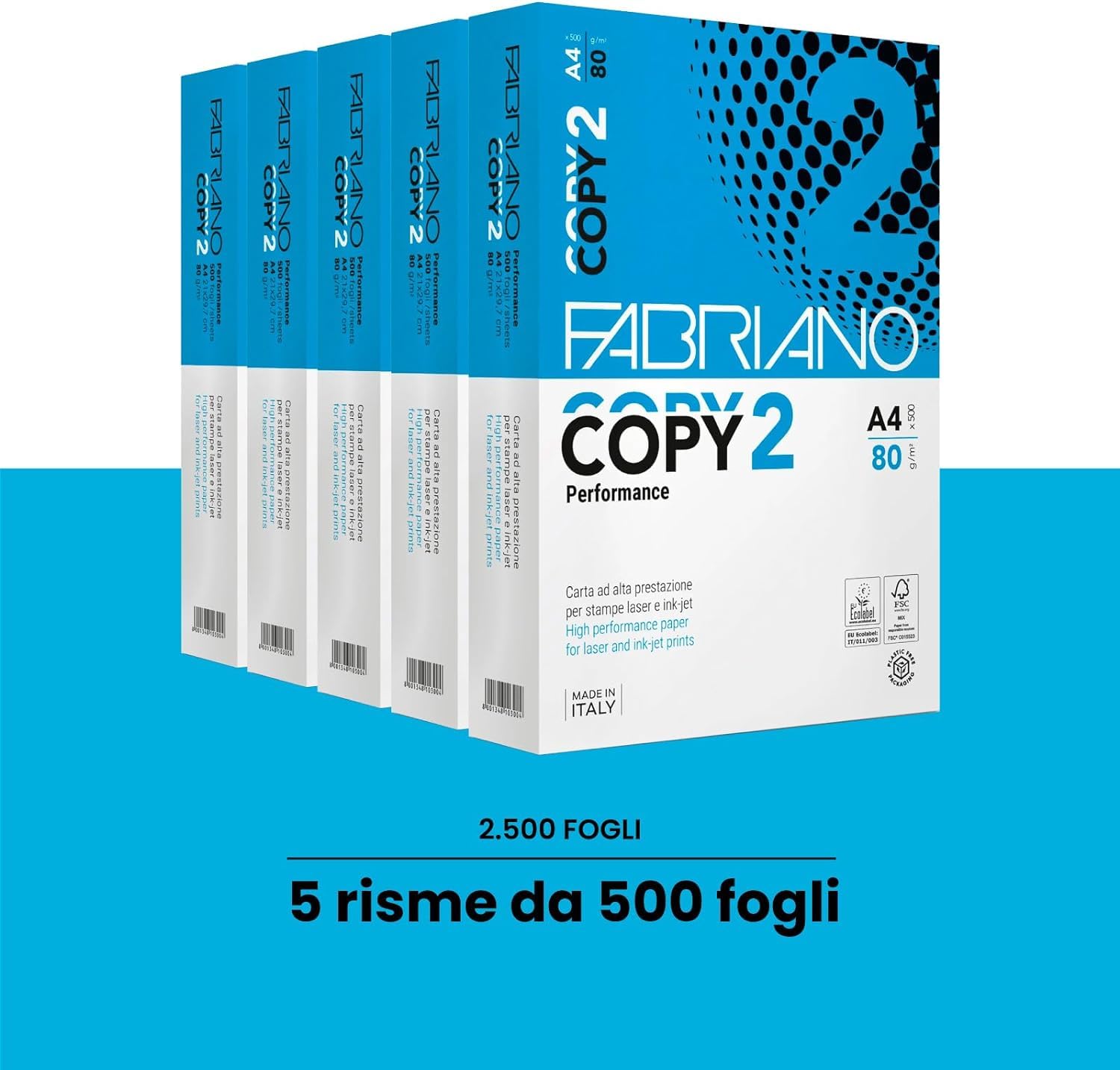 Fabriano Copy 2 Amore Animale A4 Druckerpapier – 5 Ries à 500 Blatt – 2500 Blatt insgesamt, 80 g Papier für Büro, Fotokopie, Mehrzweck, 5 Riesen