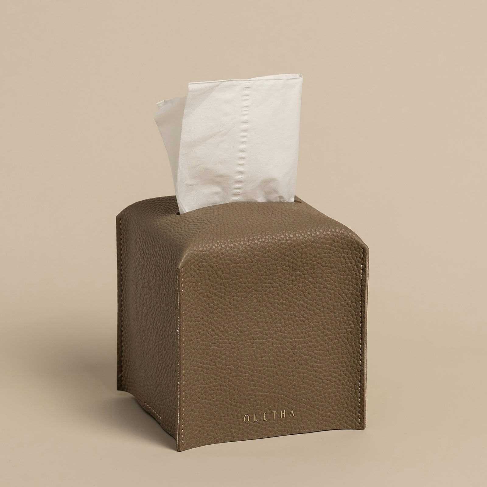Photo 1 of OLETHA Square Tissue Box Cover, Aesthetic Desk Decor, Tan Gray