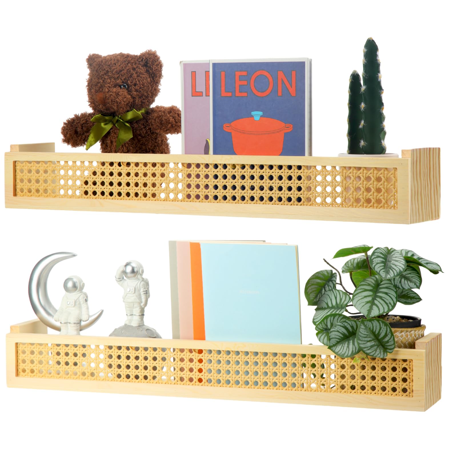 Qunclay 2 Set of Wall Bookshelf for Kids Rattan Wall Shelf Versatile Kids Floating Magazine Wall Holder for Nursery Bedroom Kids Room Entryway Living Room Waiting Room Bedroom, 24 Inch