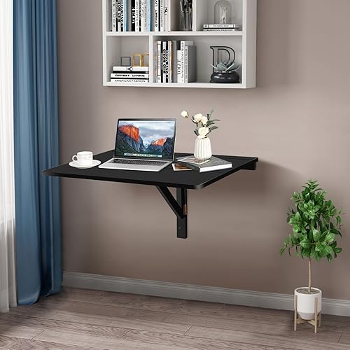 Miniatura 7 de MEDIMALL Escritorio plegable montado en la pared, mesa de trabajo de hojas caídas con tablero grueso y soporte de madera maciza, escritorio colgante