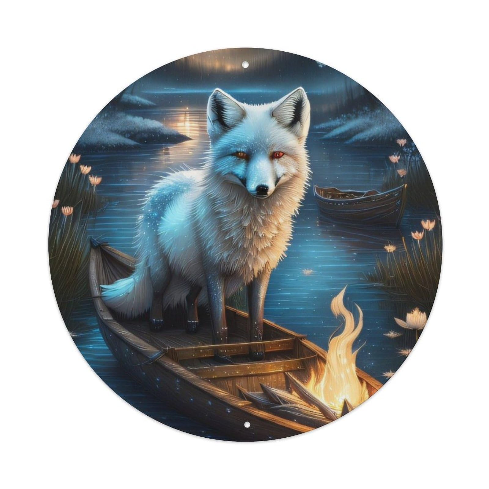 Animal Artwork The Little White Fox on The Boat Vintage Metal Tin Sign Plaque Wall Decor for Cafe, Club Bar, Office, Garden Metal Poster 8x8Inch
