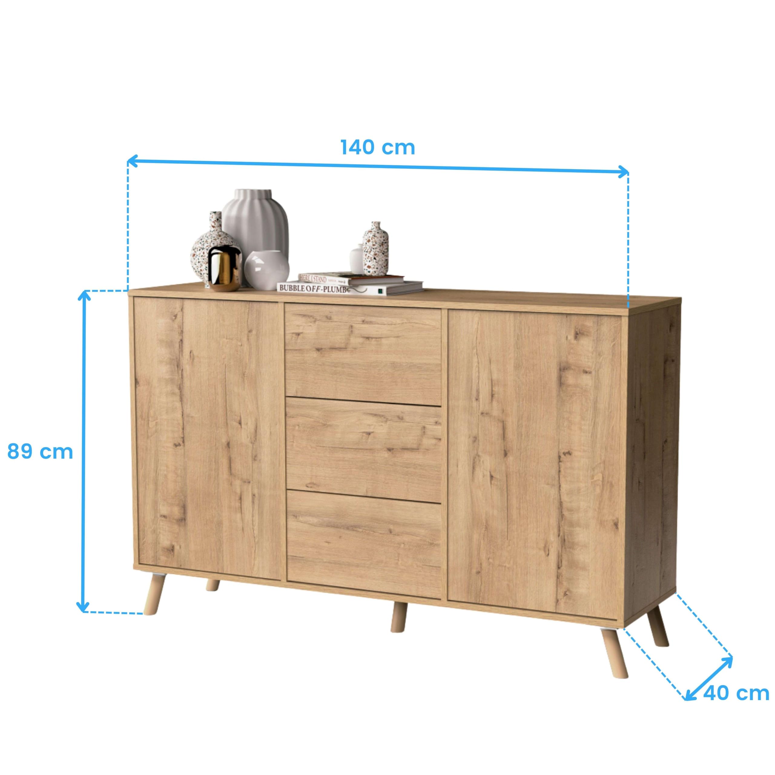 Muebles Pitarch | Aparador salone da pranzo, buffet, mobile ausiliario, 2 ante e 3 cassetti, rovere gold, 89x140x40 cm, dispensa, cucina, ufficio, moderno nordico, modello Oslo