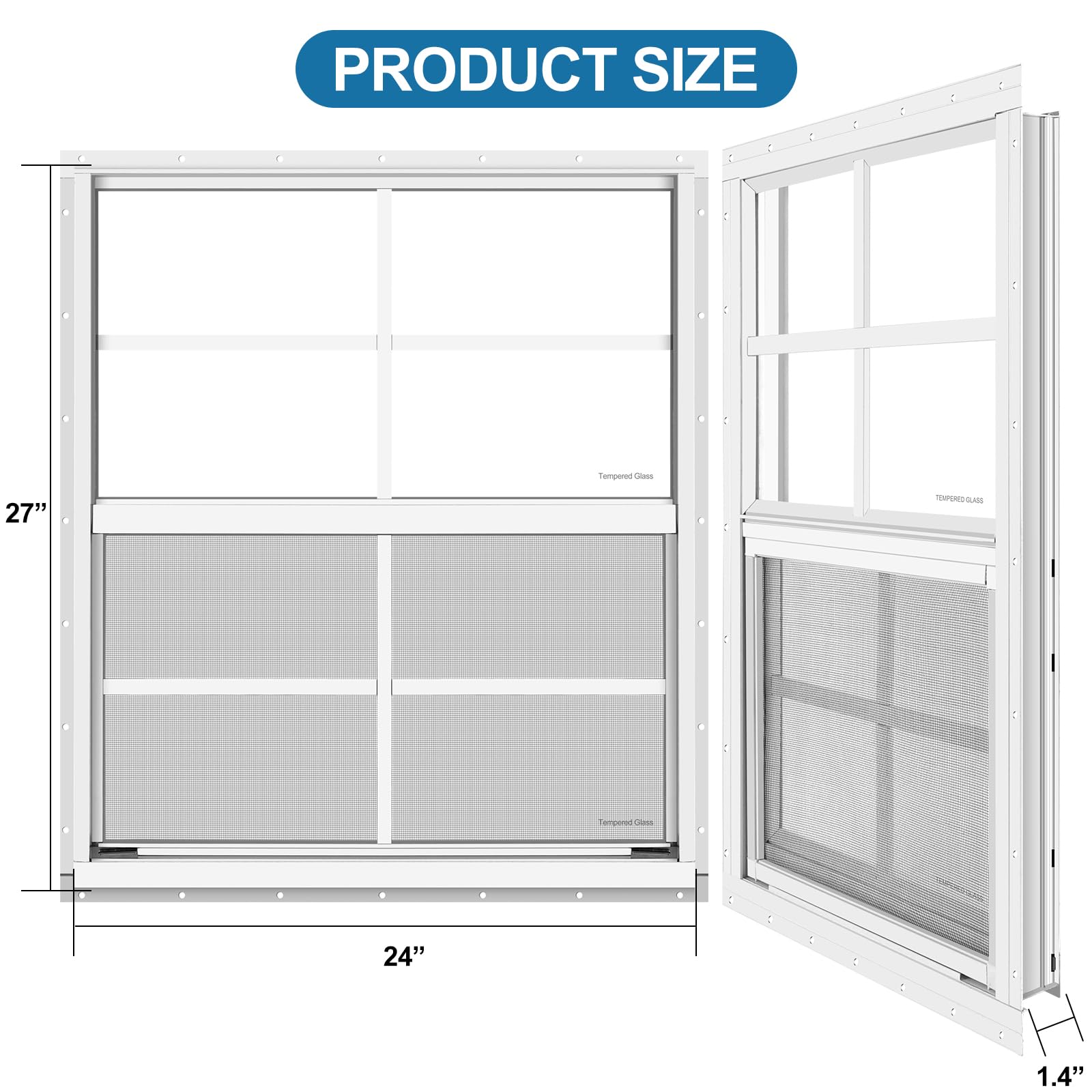 2 Stück Schuppenfenster, 61 x 68 cm (B x H), Weiß, bündig montiertes Fenster mit gehärtetem Glas und abnehmbarem Bildschirm für Spielhäuser, Schuppen, Garage und Hühnerställe