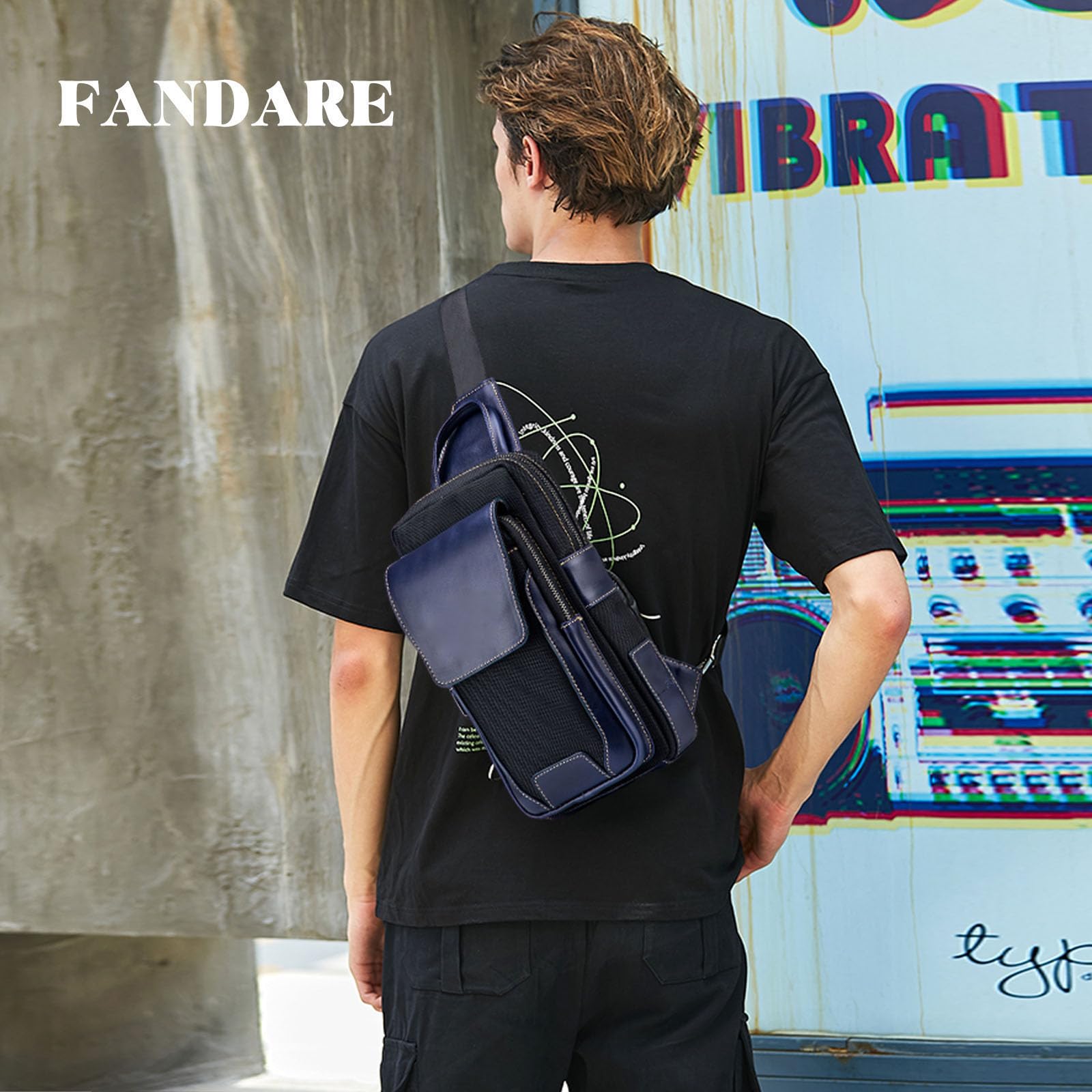 FANDARE Retrò Zaino Monospalla Uomo Borsello Tracolla Zainetto Piccolo Zaino Spalla Impermeabile Pelle Affari Borsa a tracolla per Trekking Ciclismo Viaggio Marsupio Tracolla Blu nero