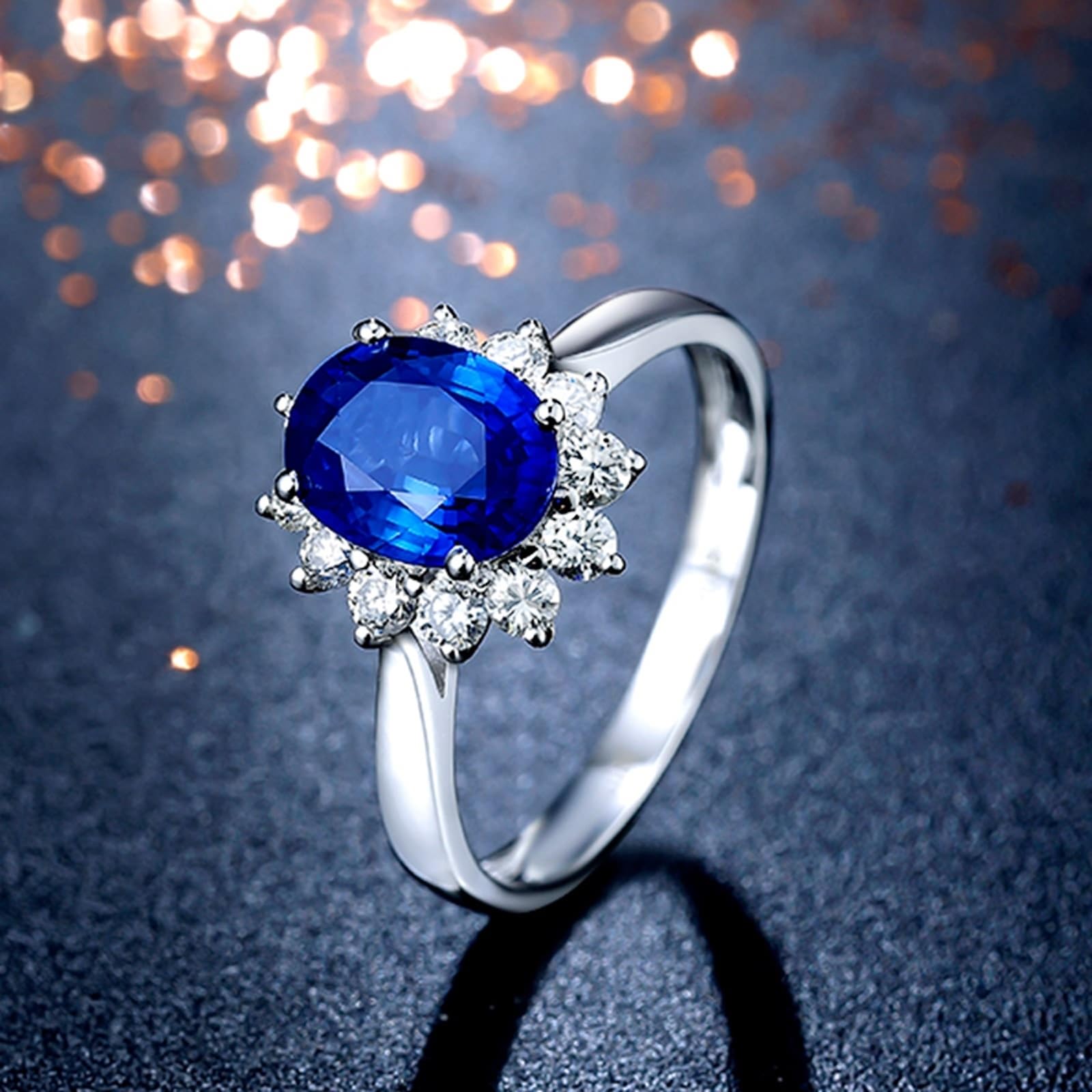 AmDxD Bague de fiançailles en or jaune 18 carats Au750 avec saphir, bague solitaire ovale classique, bijou en or véritable bleu