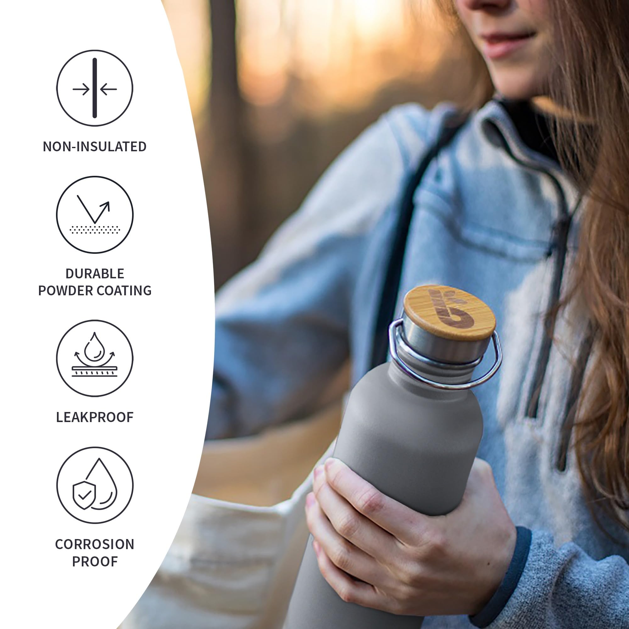 Bambaw Stainless Steel Water 500ml Bottle, Non-Insulated Sport Bottle, BPA Free, Reusable, Stormy Gray, 500 ml - Image 3