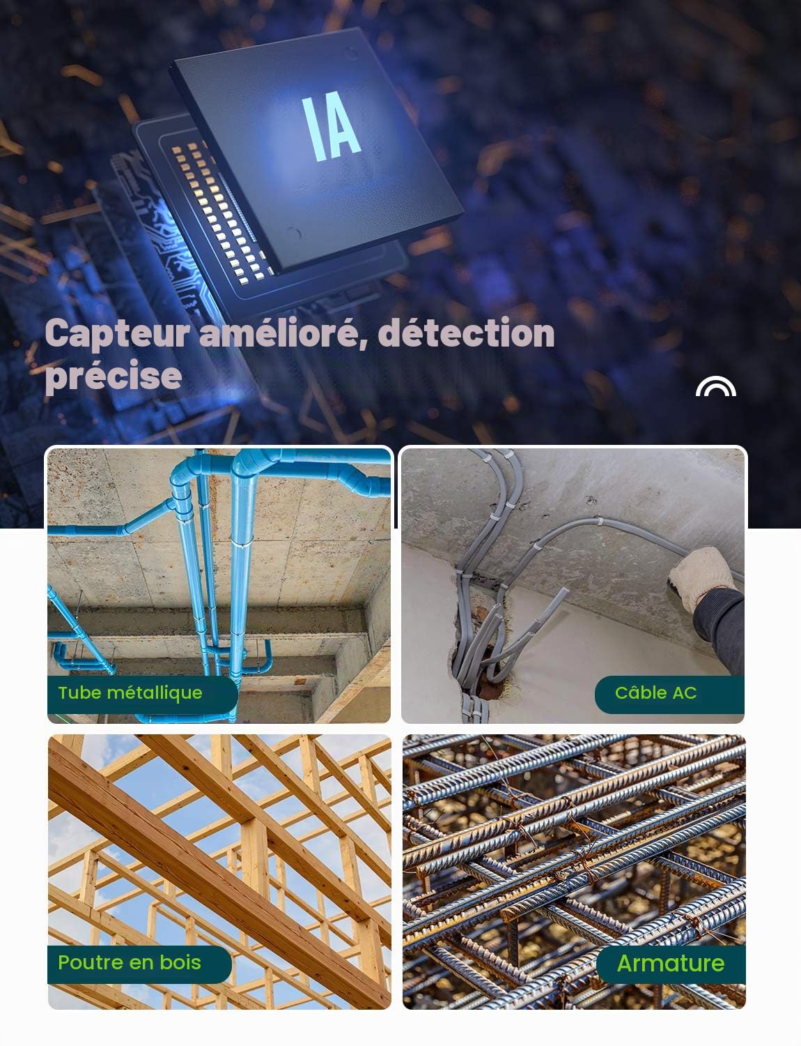 5 en 1 Détecteur numérique en métal et câbles électriques Stud Finder avec LCD et indicateur acoustique portable multifonctions, détection de bois/métal magnétique ou non magnétique/AC